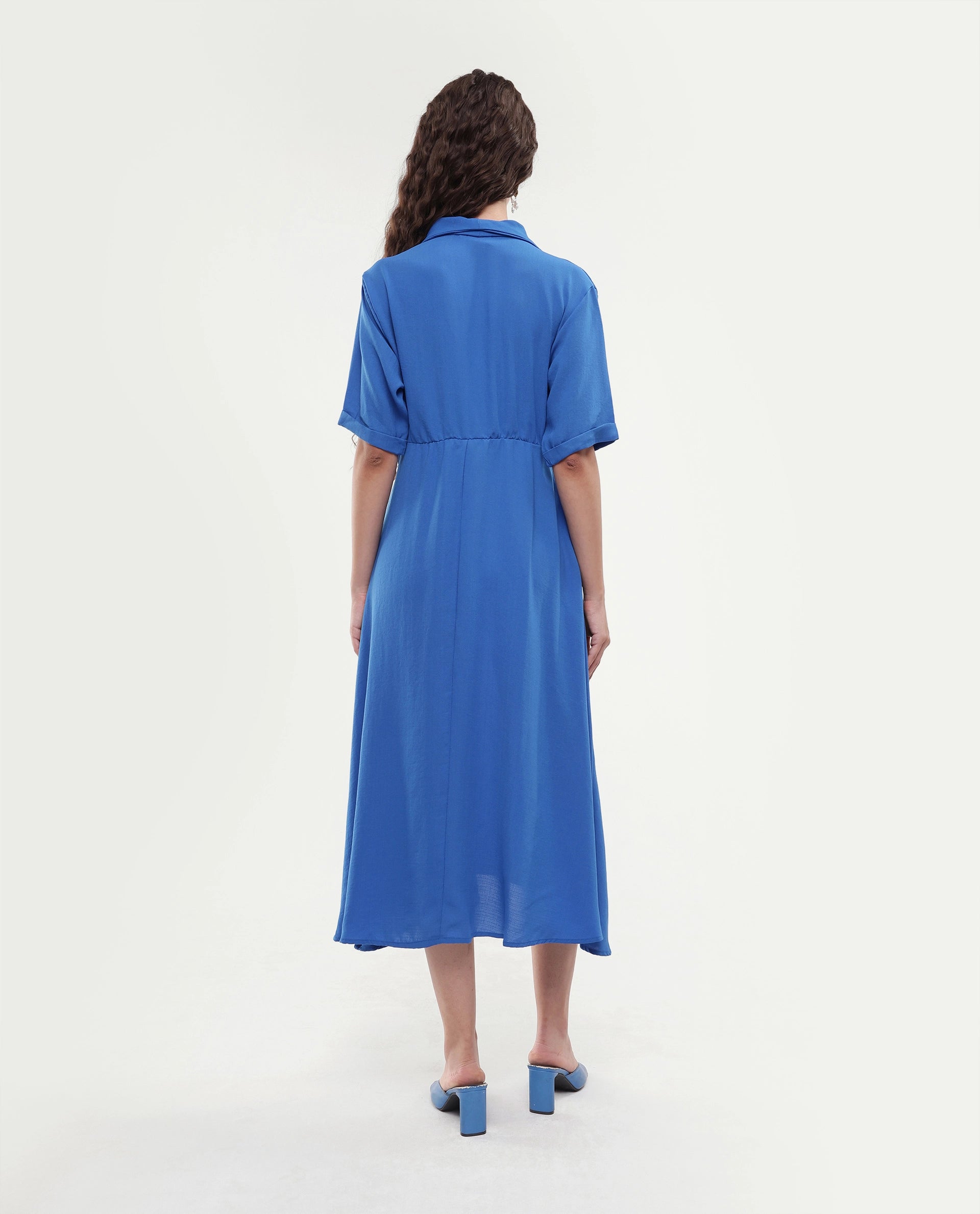 Rareism Women's Fedrez Navy Polyester Cowl Neck Plain Bell Sleeve Maxi Flared Dress