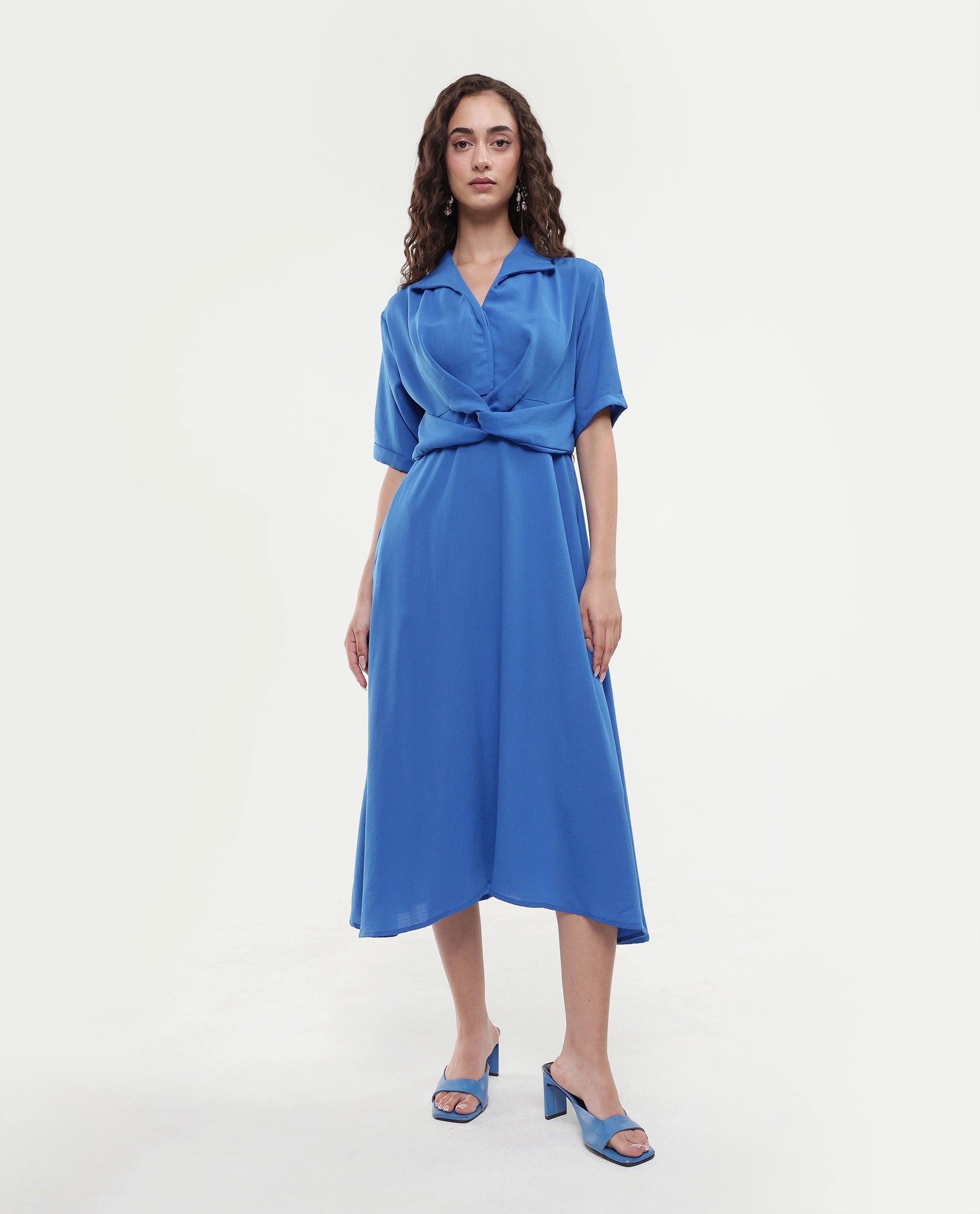 Rareism Women's Fedrez Navy Polyester Cowl Neck Plain Bell Sleeve Maxi Flared Dress