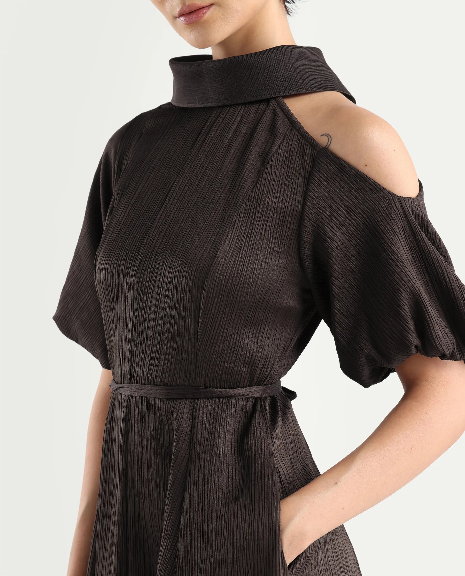Rareism Women's Duchy Brown Polyester Turtle Neck Plain Balloon Sleeve Midi Flared Dress