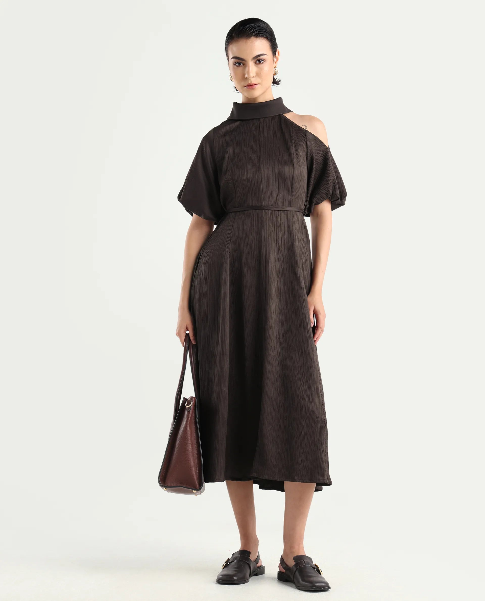 Rareism Women's Duchy Brown Polyester Turtle Neck Plain Balloon Sleeve Midi Flared Dress