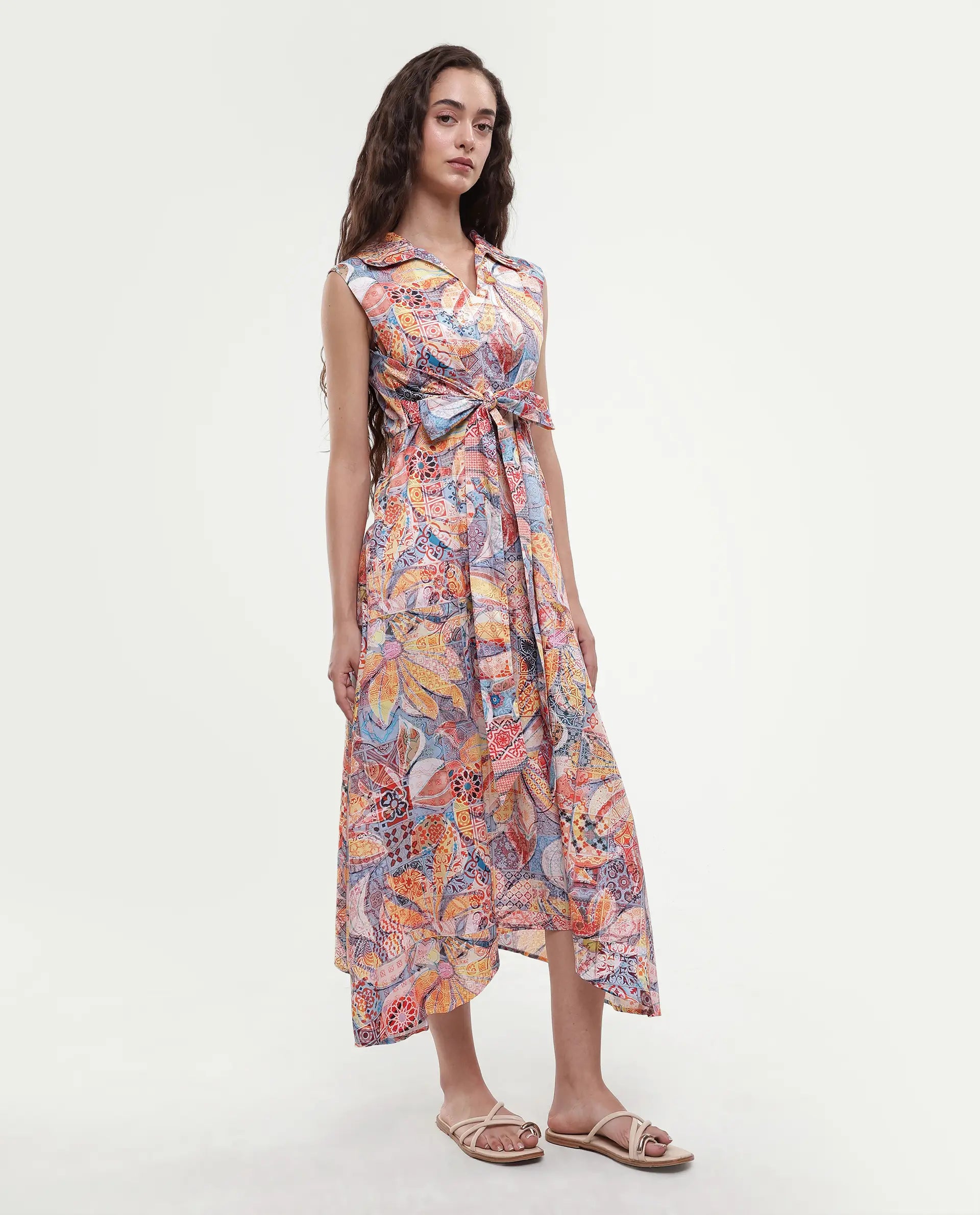Rareism Women's Elsal Light Multi Cotton Blend Drop Collar Floral Print Sleeveless Midi Asymmetric Dress