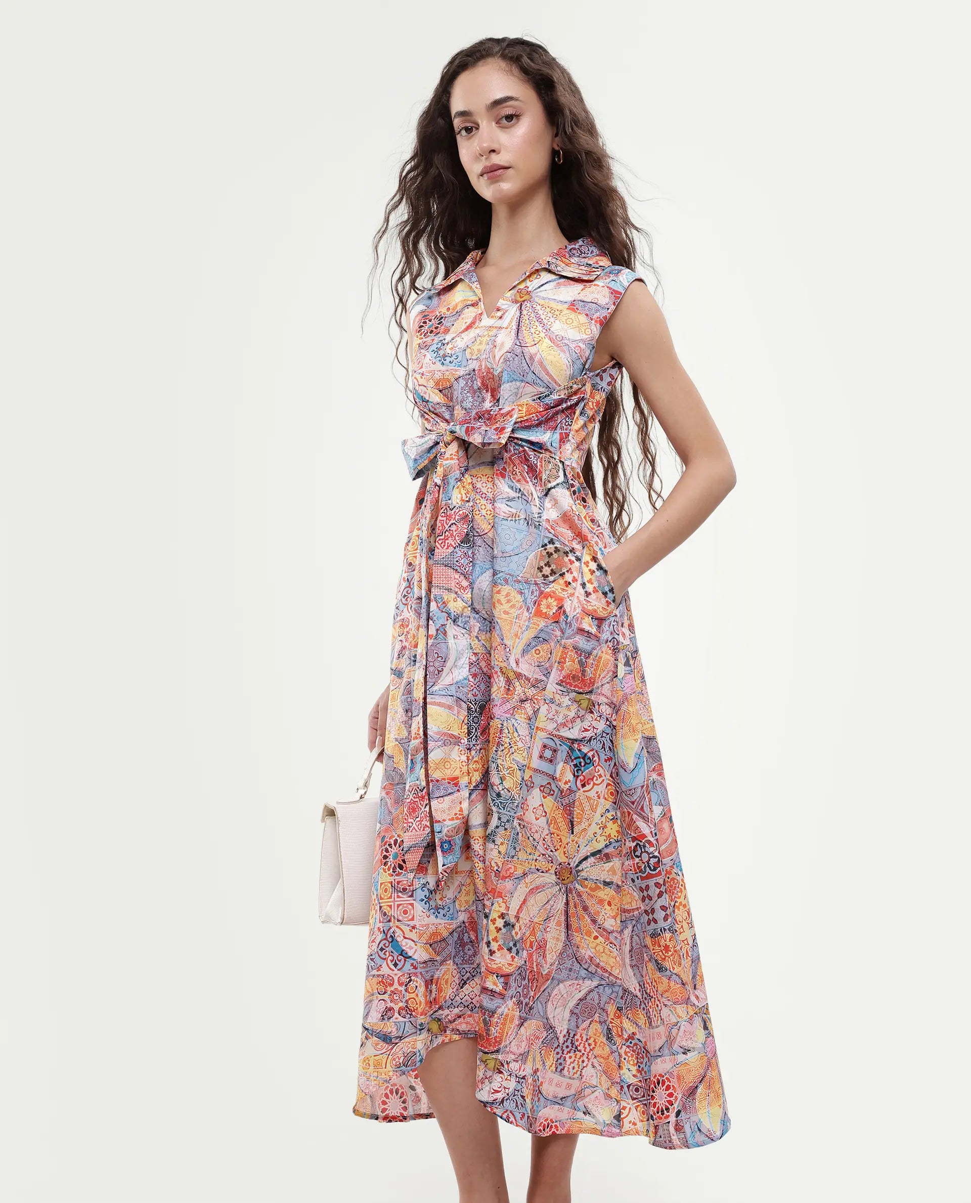 Rareism Women's Elsal Light Multi Cotton Blend Drop Collar Floral Print Sleeveless Midi Asymmetric Dress