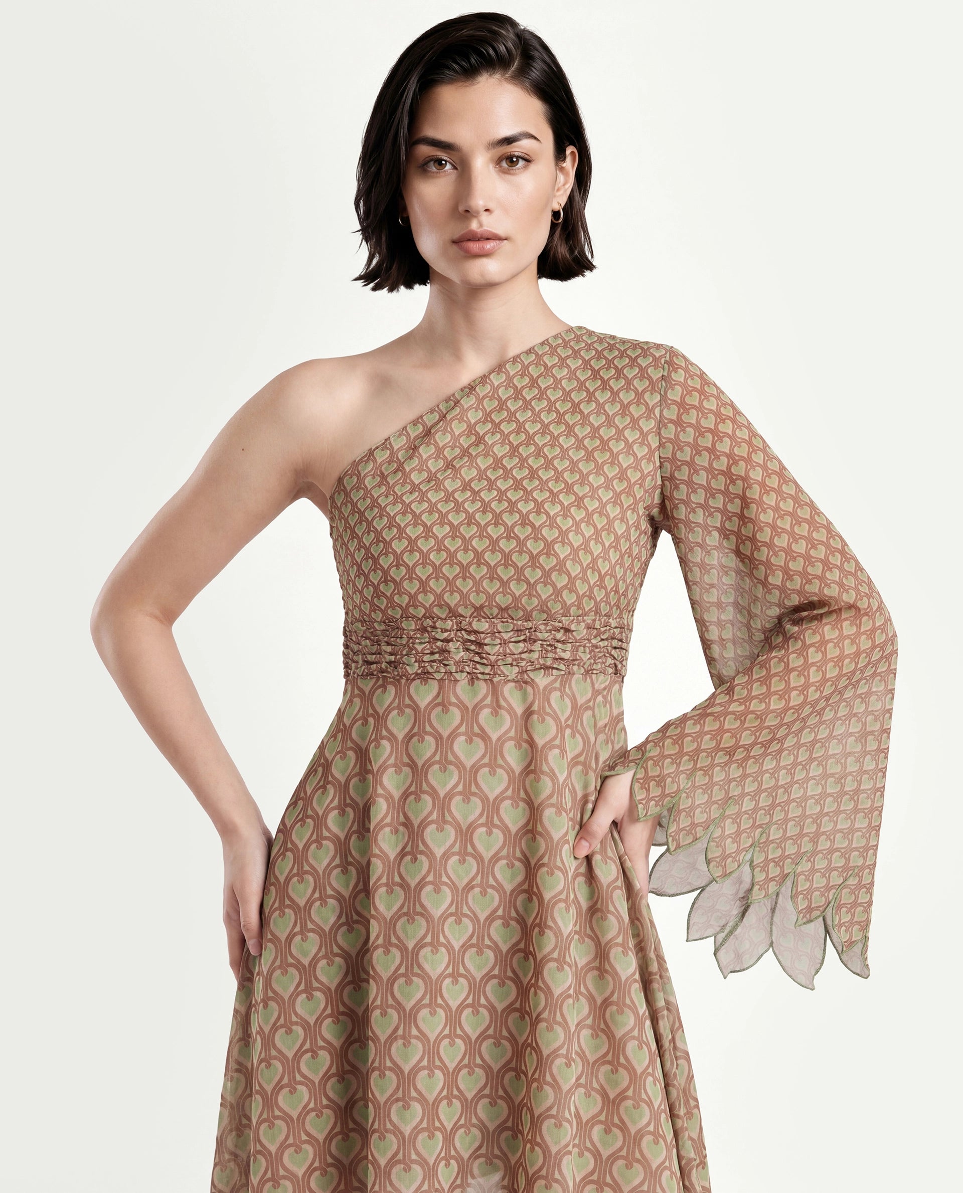 Rareism Women's Ethiopig Multi Polyester One Shoulder Geometric Print Asymmetric Sleeve Knee Length Asymmetric Dress