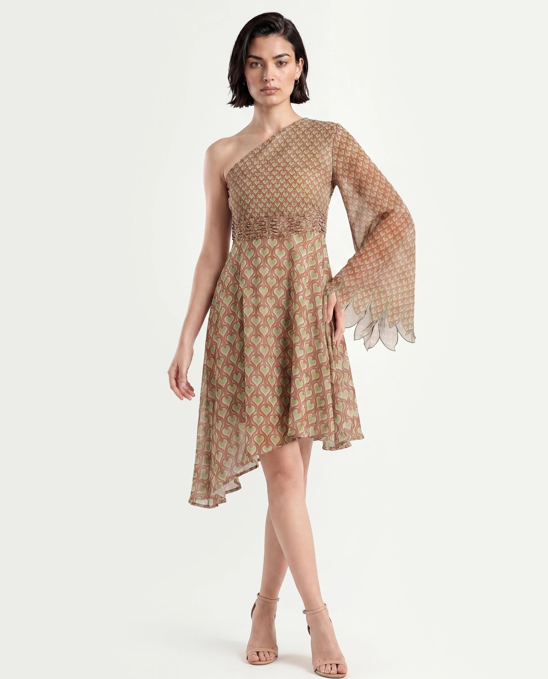 Rareism Women's Ethiopig Multi Polyester One Shoulder Geometric Print Asymmetric Sleeve Knee Length Asymmetric Dress