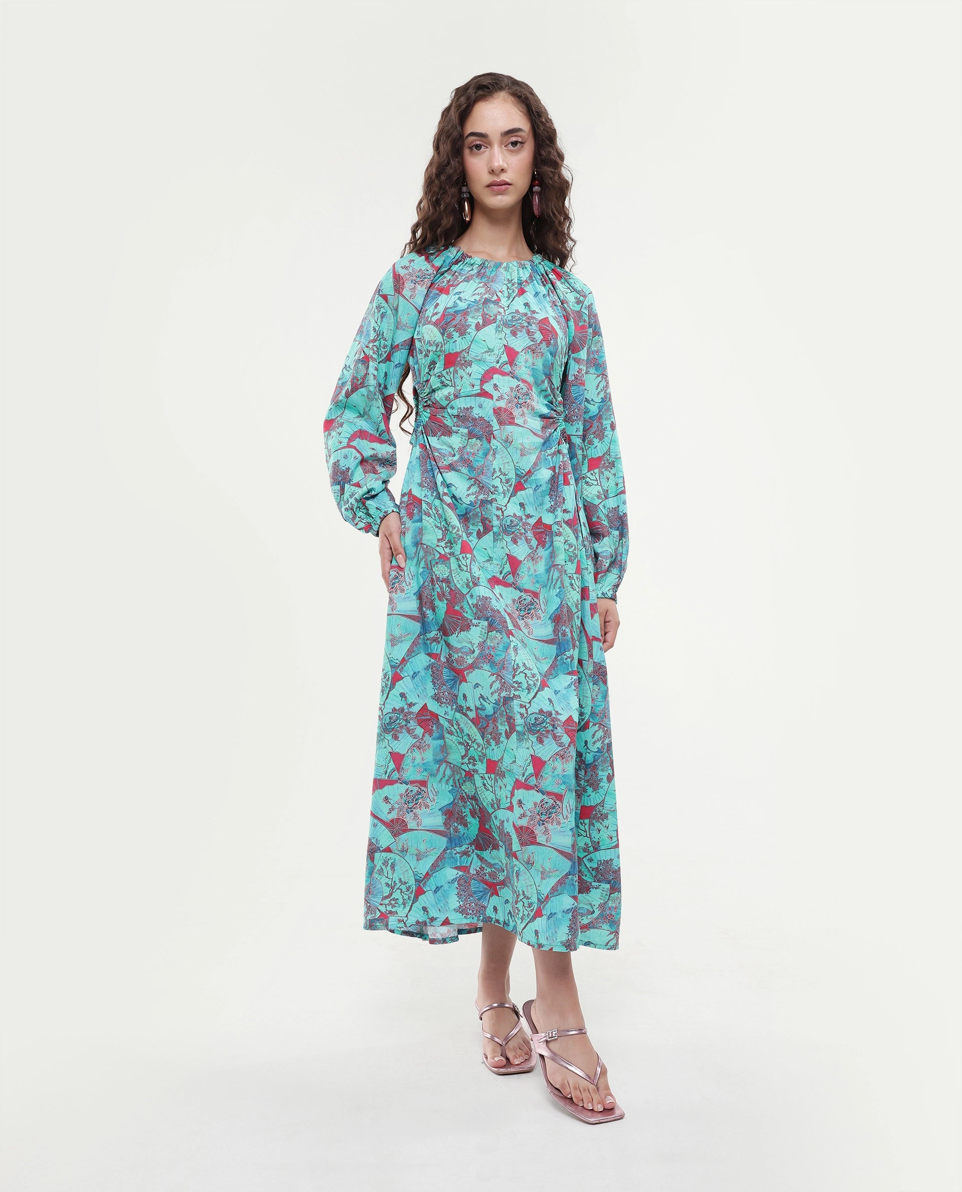 Rareism Women's Viscose Crew Neck Abstract Print Puff Sleeves Maxi A-Line Dress