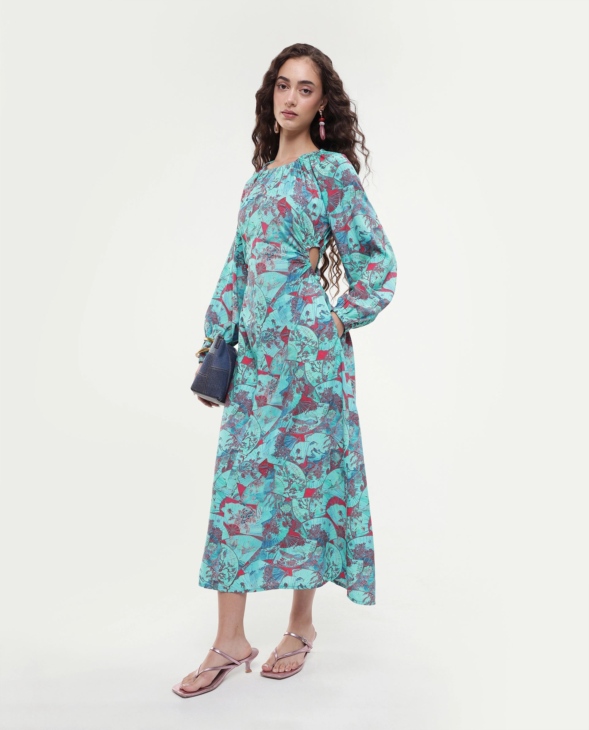 Rareism Women's Viscose Crew Neck Abstract Print Puff Sleeves Maxi A-Line Dress