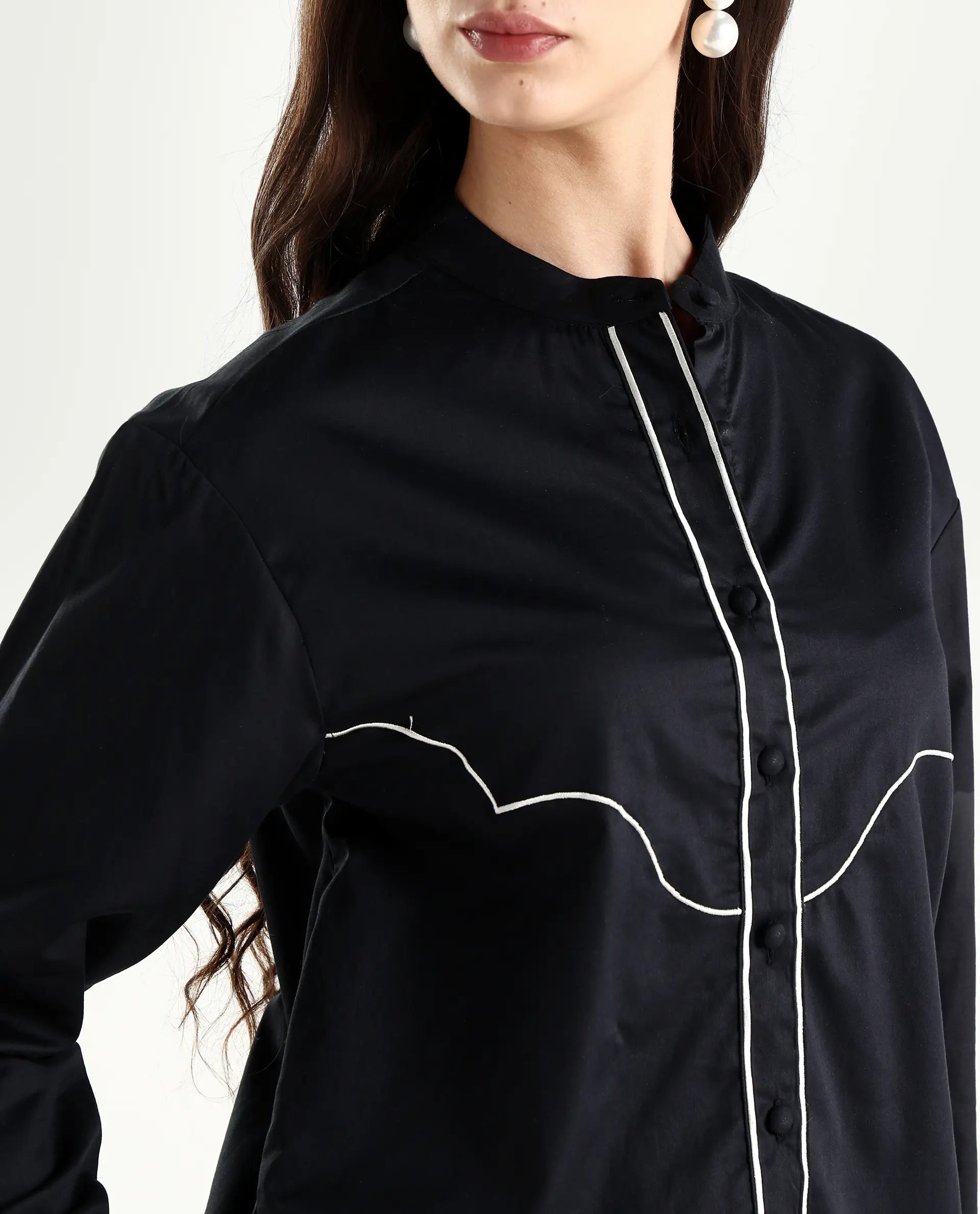 Rareism Women's Jujo Dusky Black Cotton Blend Mandarin Collar Plain Cuffed Sleeve Regular Fit Shirt