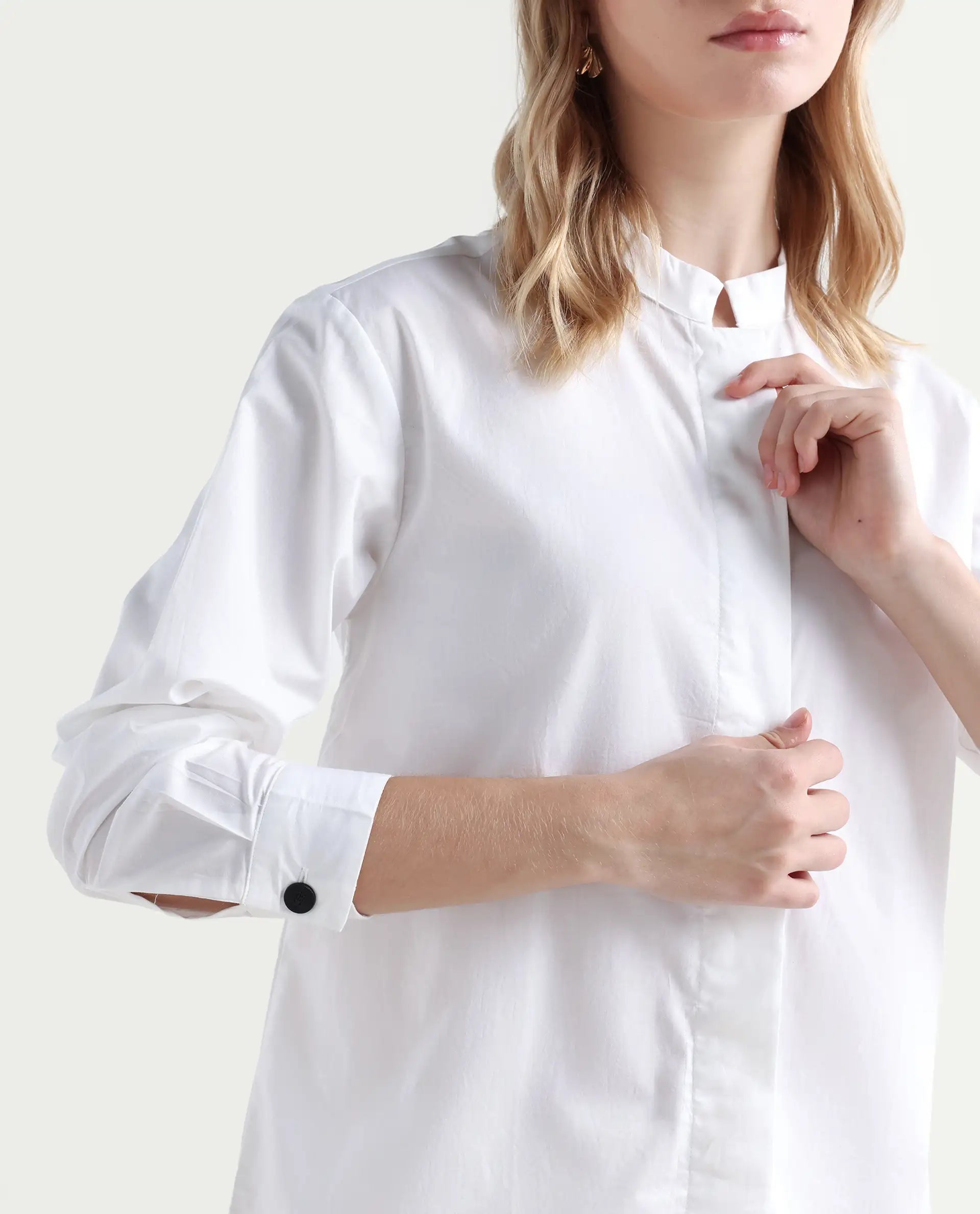 Rareism Women's Neuma White Cotton High Neck Plain Regular Fit Shirt