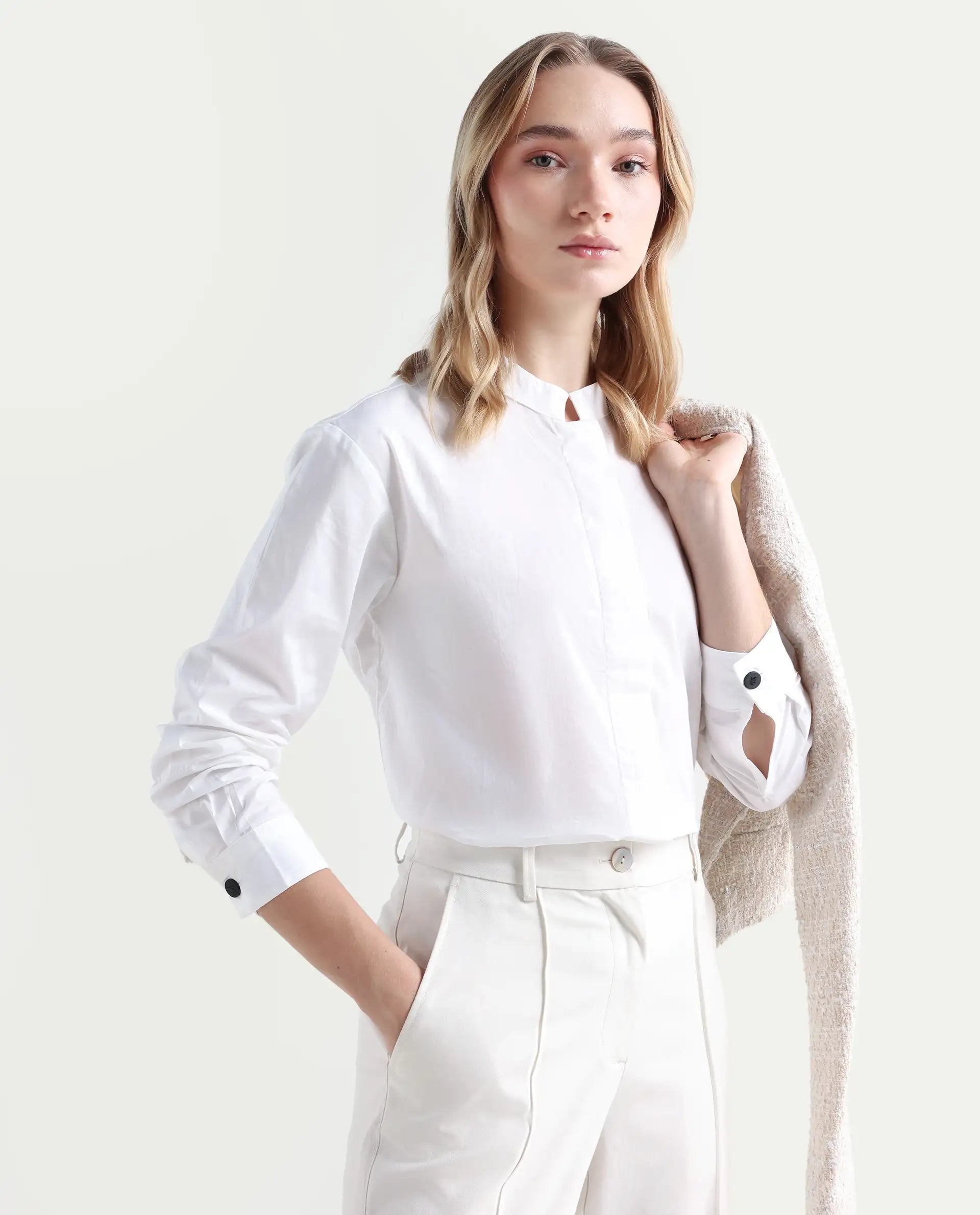 Rareism Women's Neuma White Cotton High Neck Plain Regular Fit Shirt