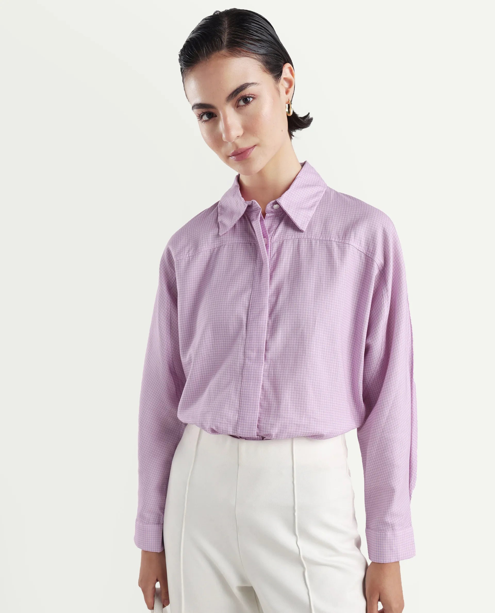 Rareism Women's Repen Light Purple Cotton Blend Drop Collar Geometric Print Boxy Fit Shirt