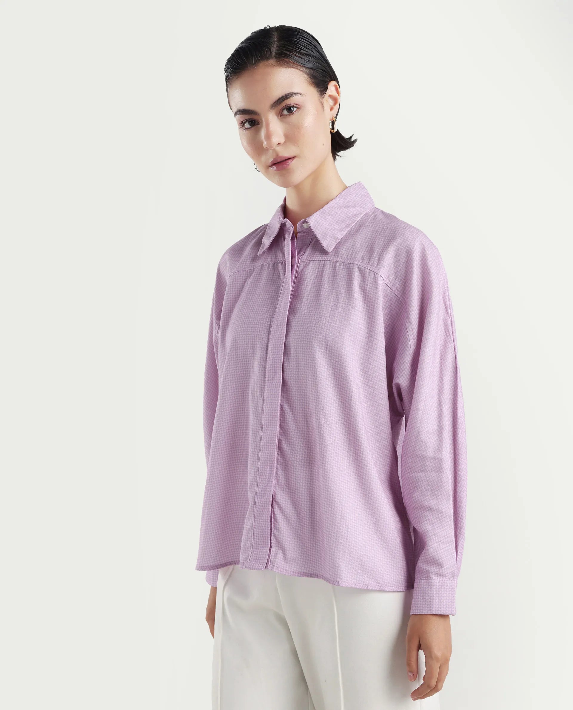 Rareism Women's Repen Light Purple Cotton Blend Drop Collar Geometric Print Boxy Fit Shirt
