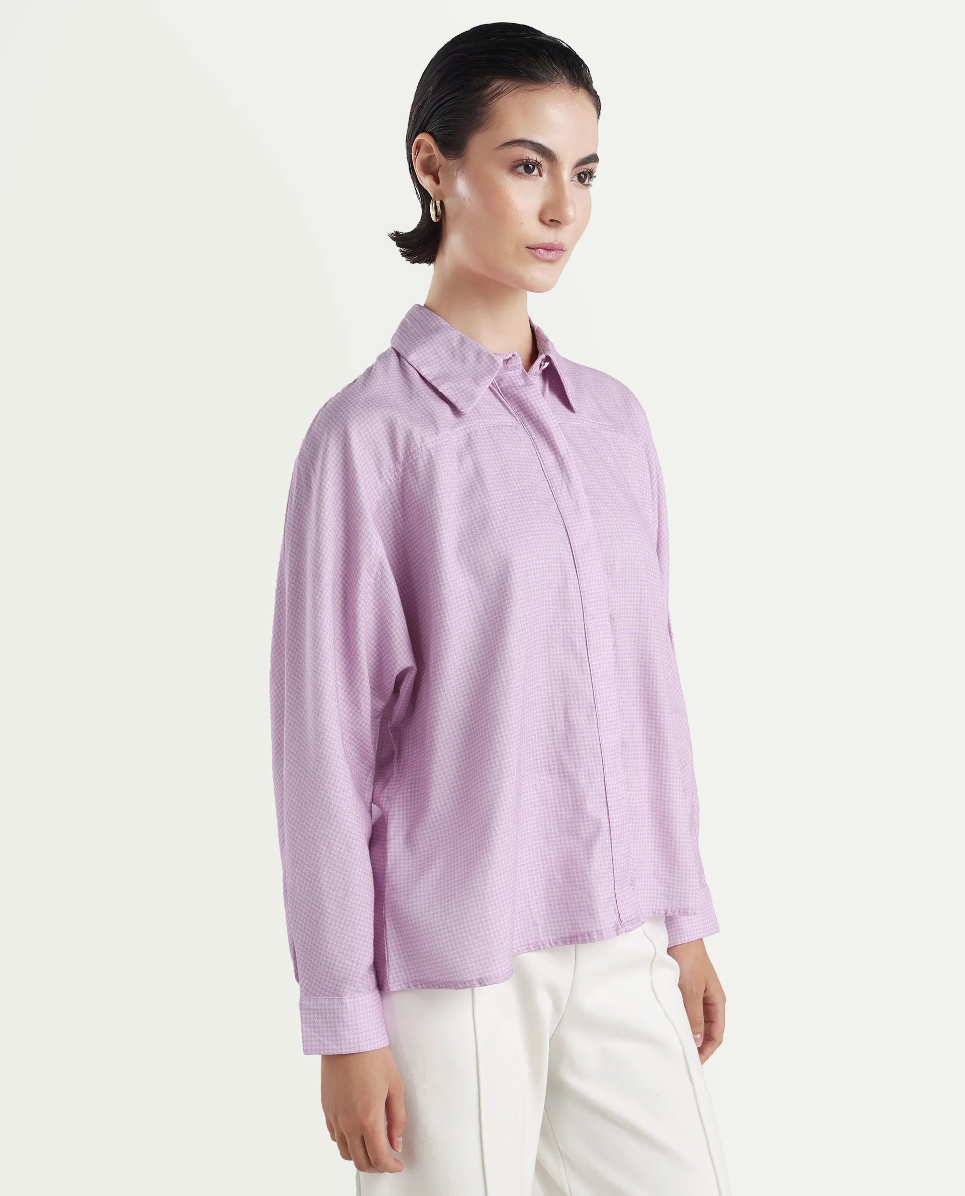 Rareism Women's Repen Light Purple Cotton Blend Drop Collar Geometric Print Boxy Fit Shirt