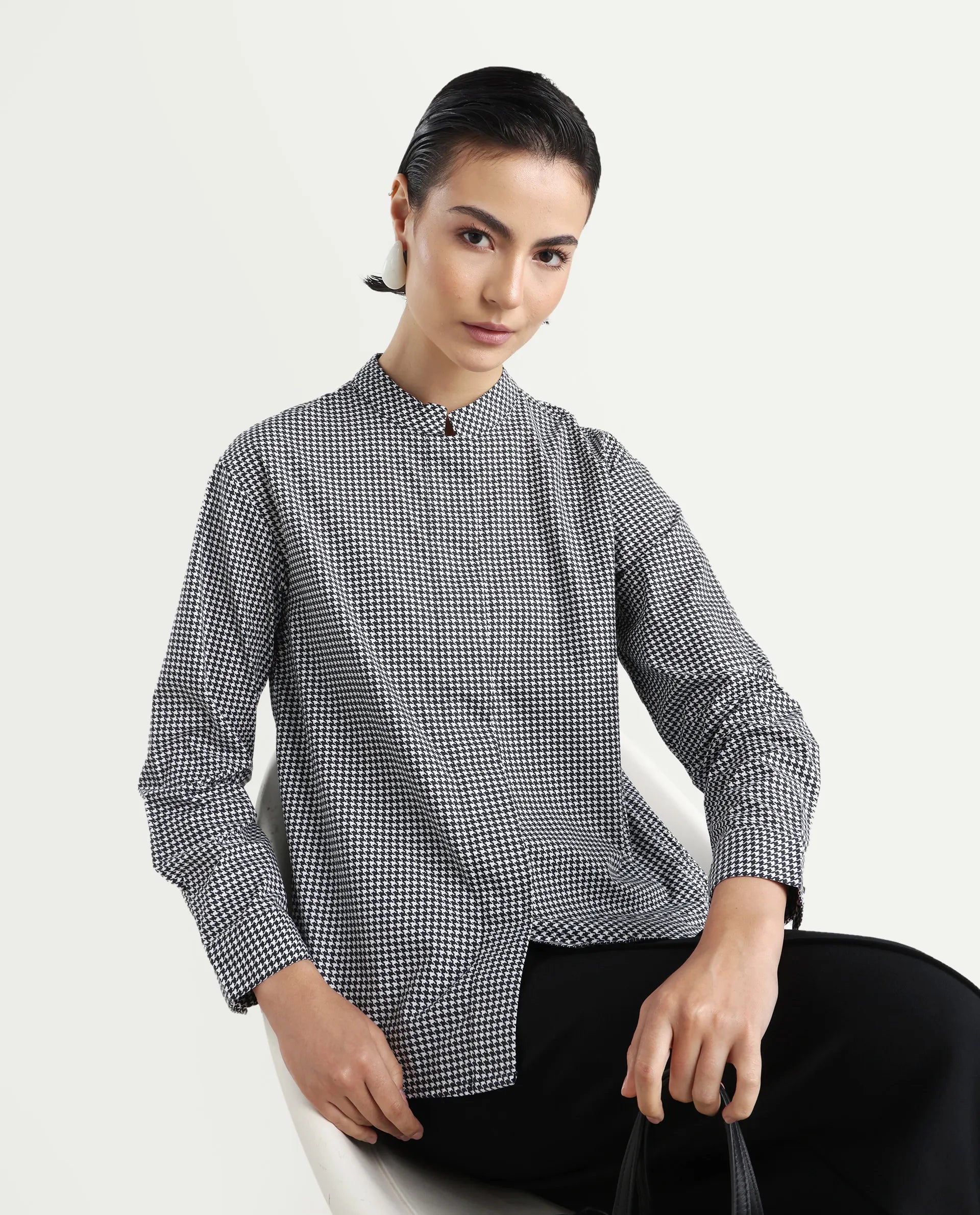 Rareism Women's Neumip Multi Cotton High Neck Houndstooth Print Regular Fit Top