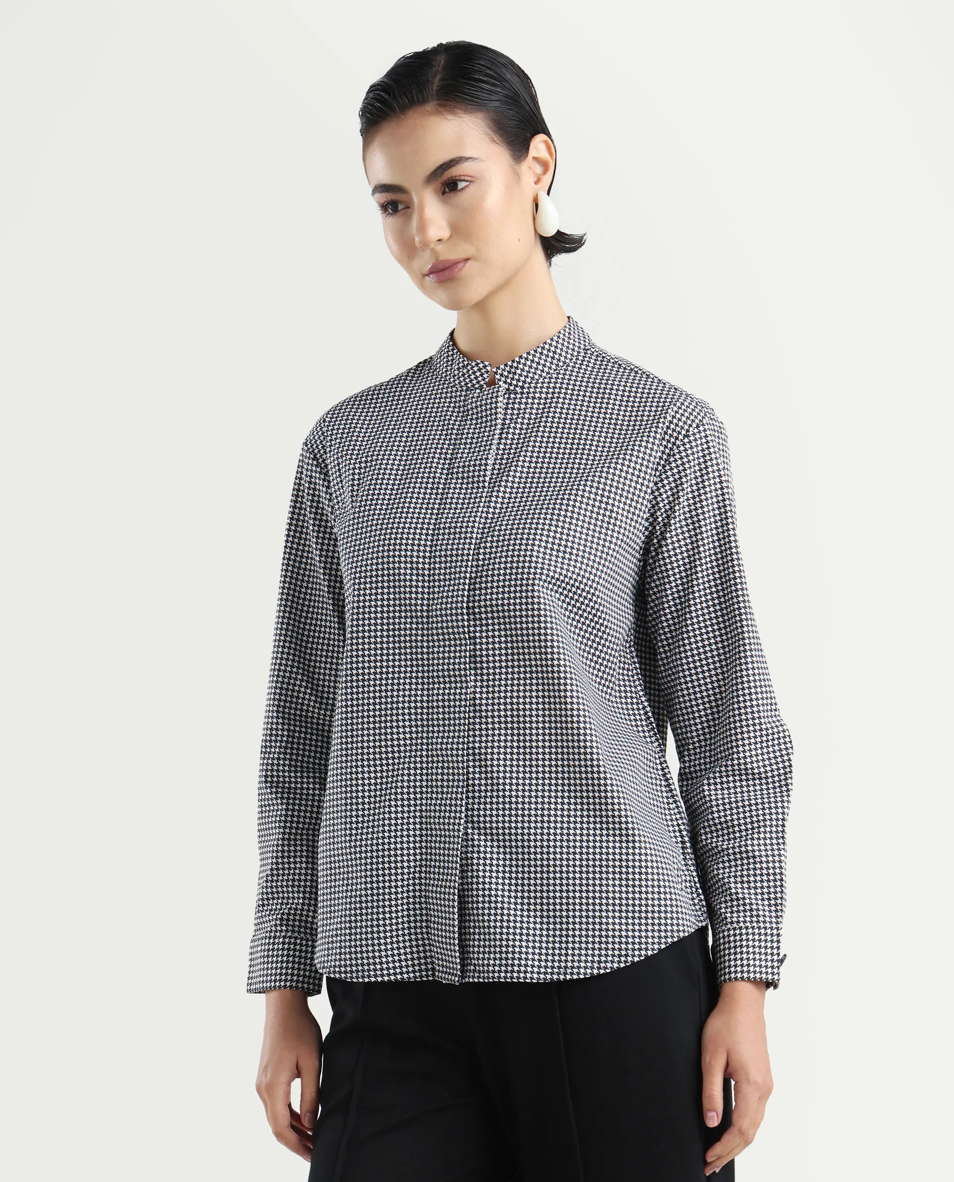 Rareism Women's Neumip Multi Cotton High Neck Houndstooth Print Regular Fit Top