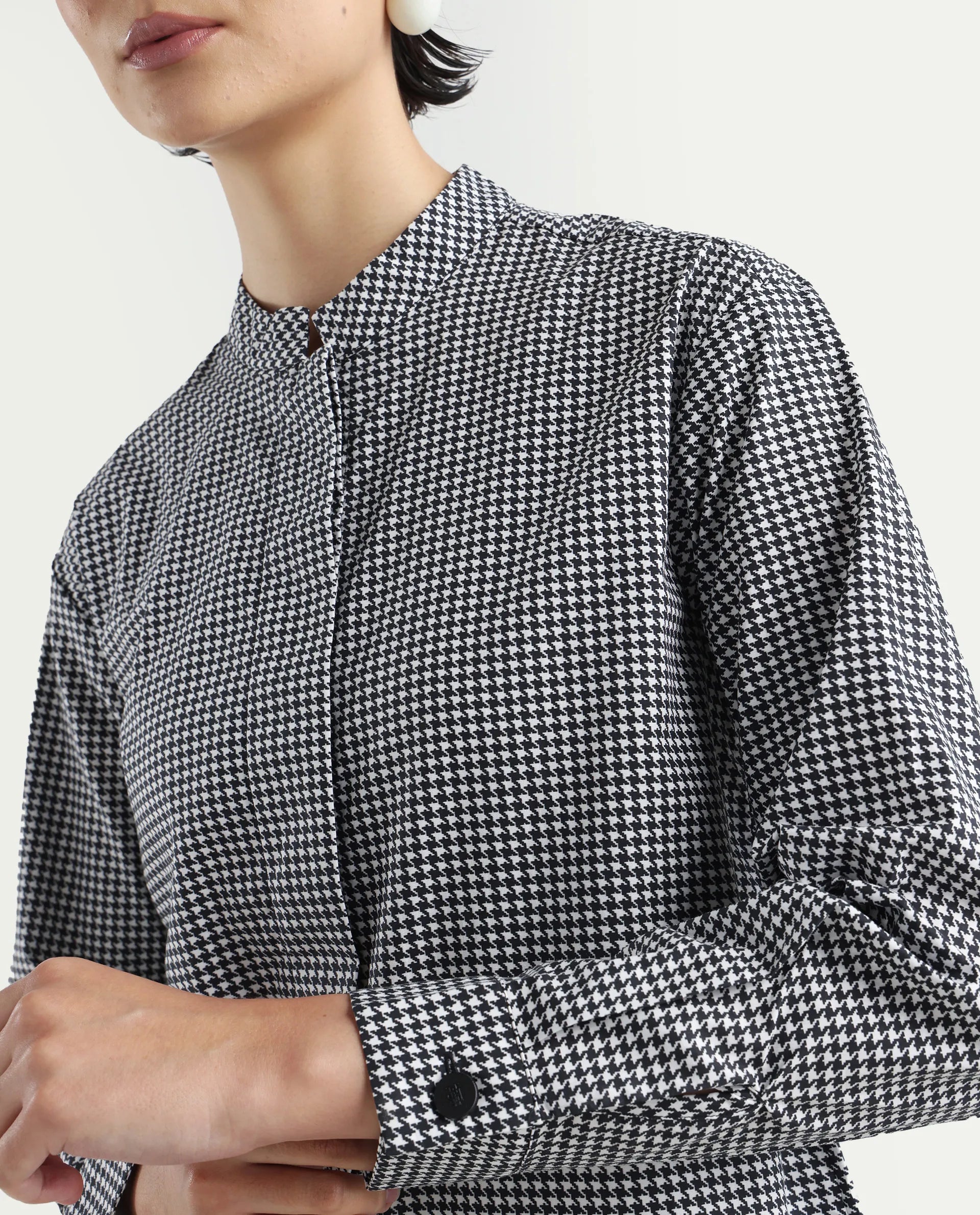 Rareism Women's Neumip Multi Cotton High Neck Houndstooth Print Regular Fit Top