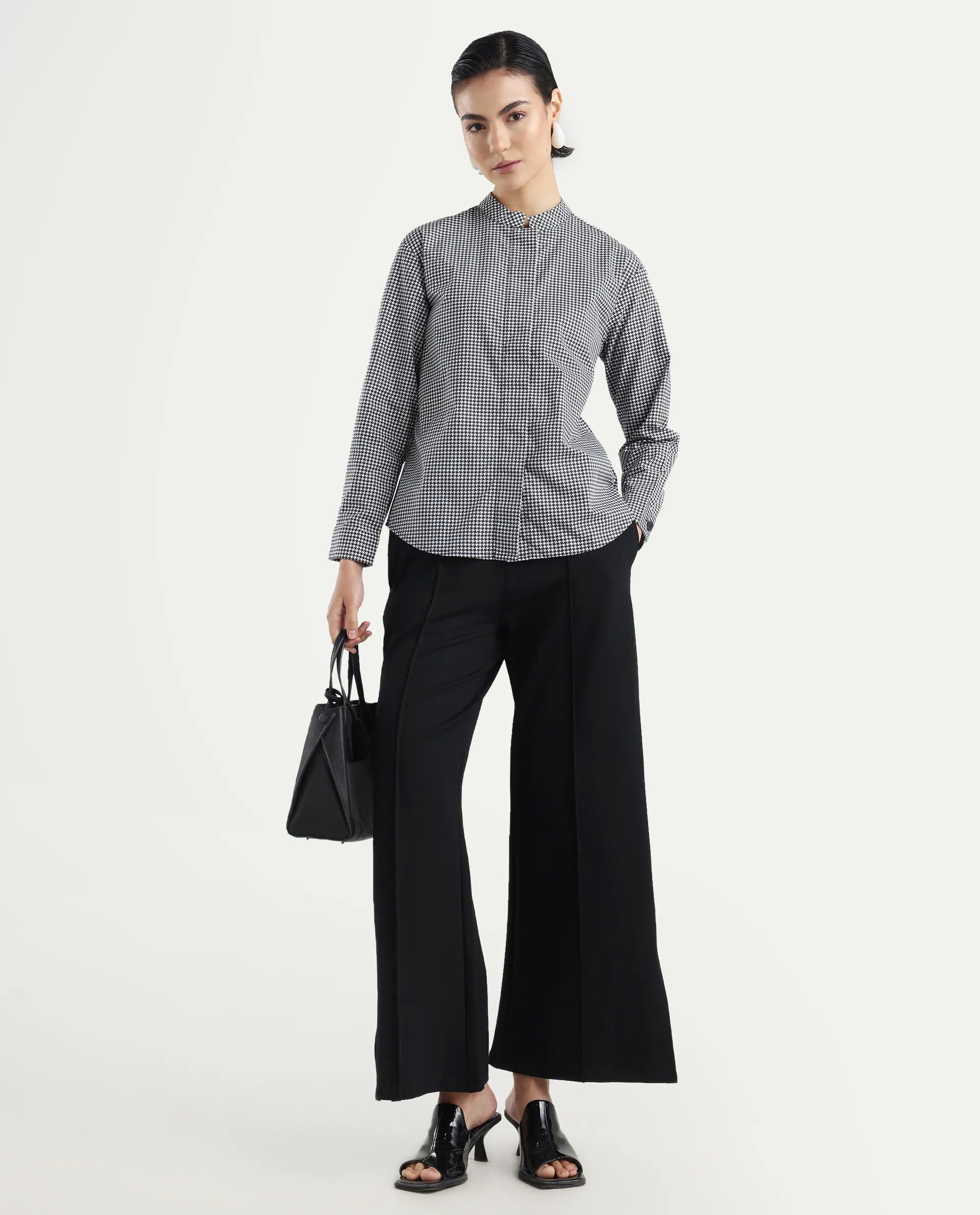 Rareism Women's Neumip Multi Cotton High Neck Houndstooth Print Regular Fit Top