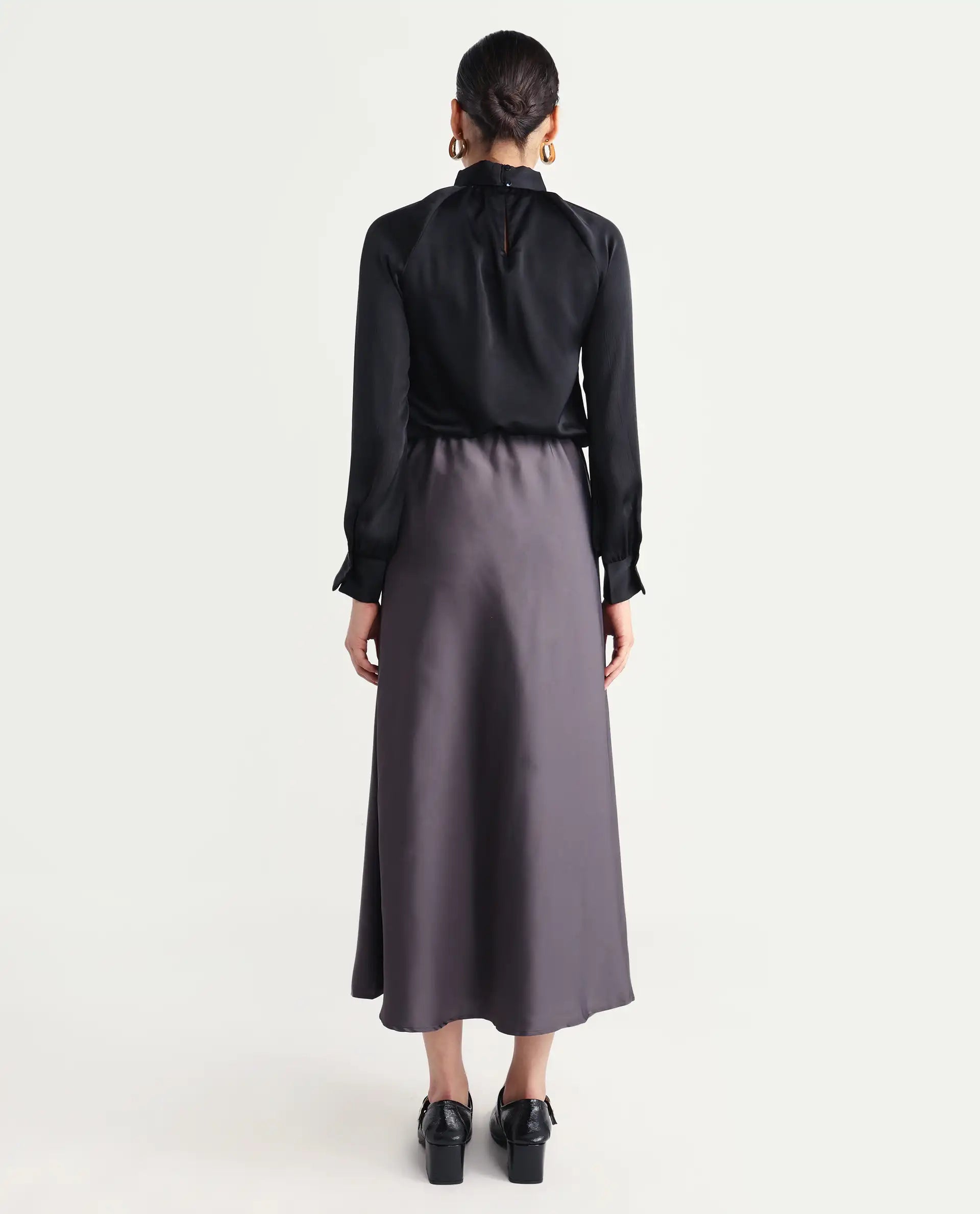 Rareism Women's Niyano Grey Satin Plain Ankle Length Regular Fit Skirt