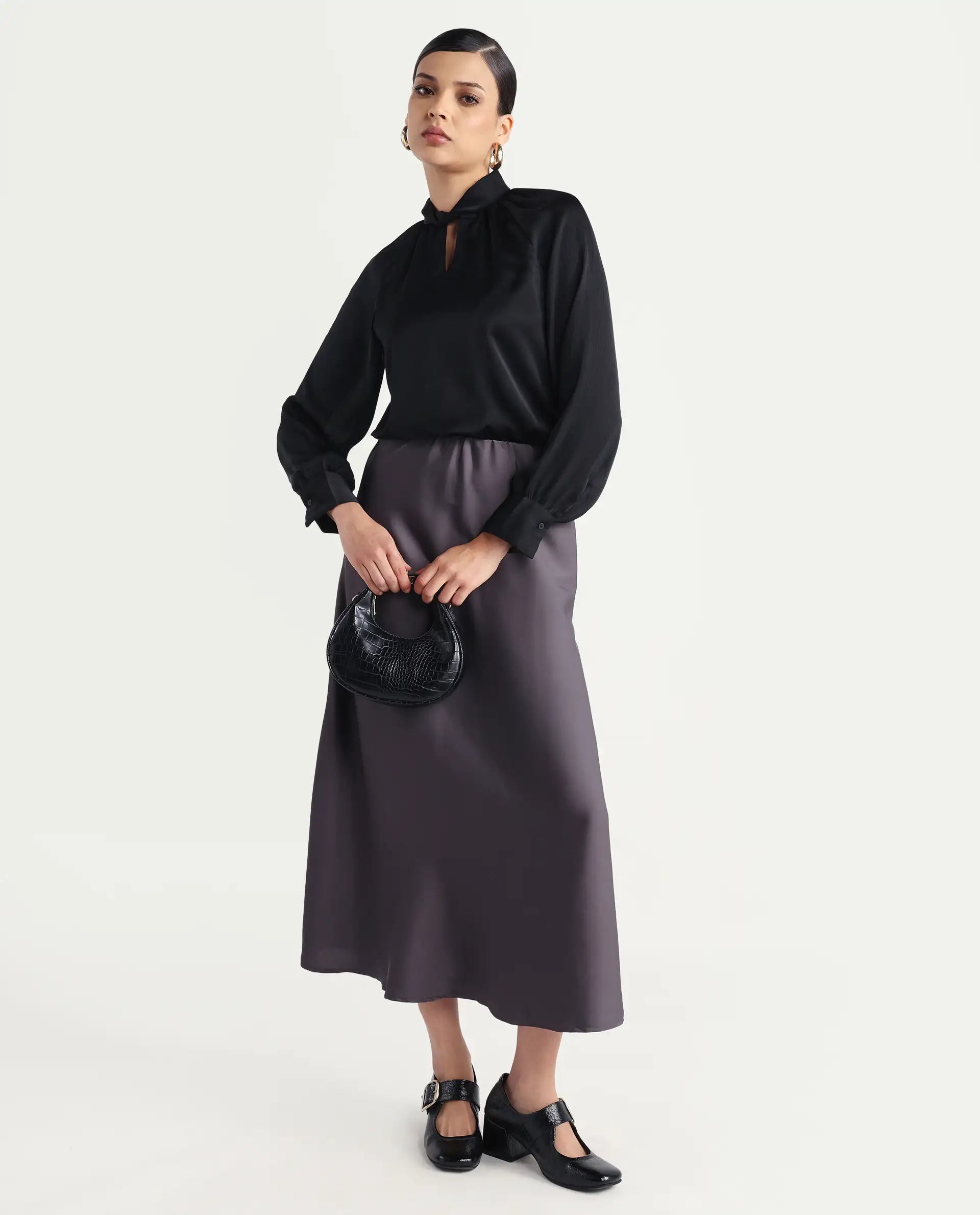 Rareism Women's Niyano Grey Satin Plain Ankle Length Regular Fit Skirt