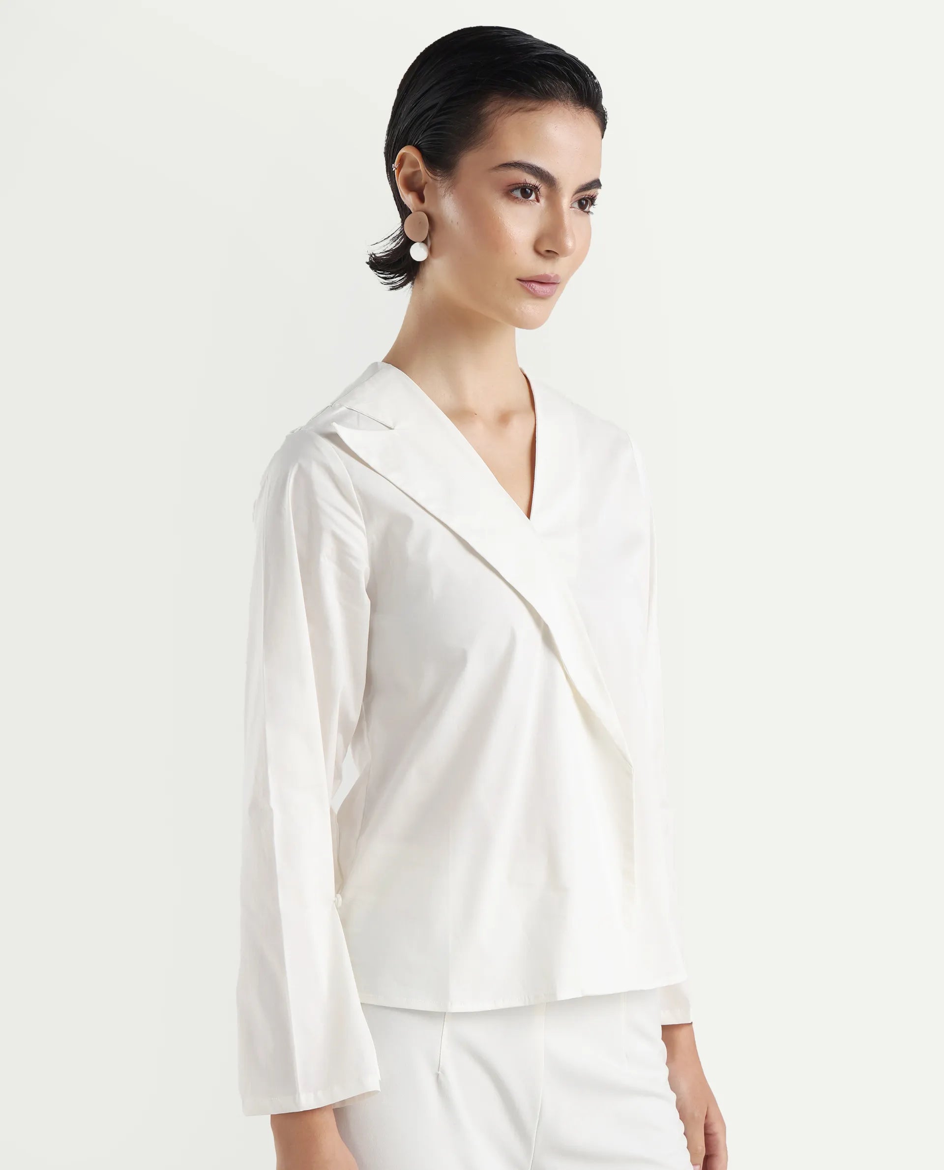 Rareism Women's Perdu White Cotton Blend V-Neck Plain Bell Sleeve Regular Fit Top