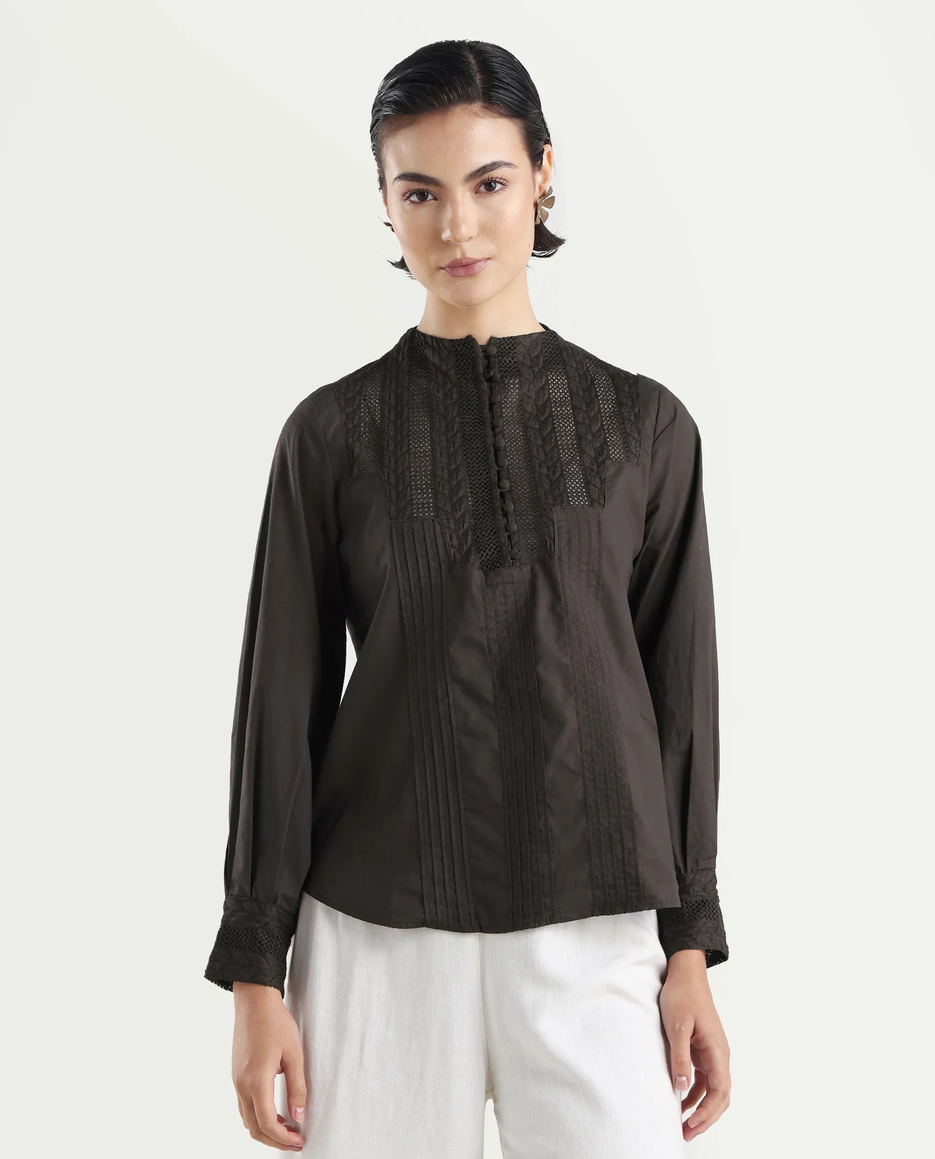 Rareism Women's Olafi Brown Cotton High Neck Plain Bishop Sleeve Regular Fit Top