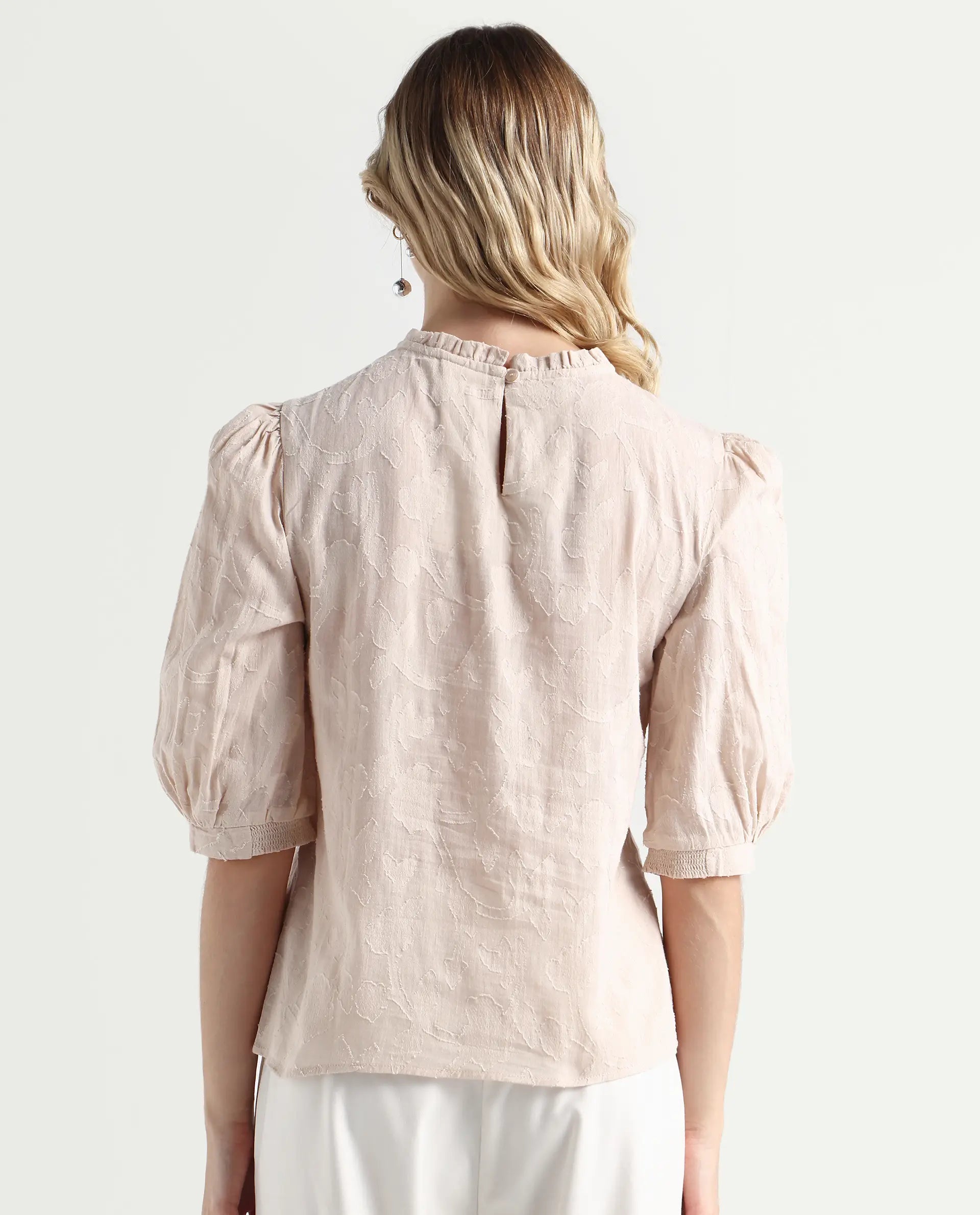 Rareism Women's Reis Beige Cotton Blend Crew Neck Plain Puff Sleeves Regular Fit Top