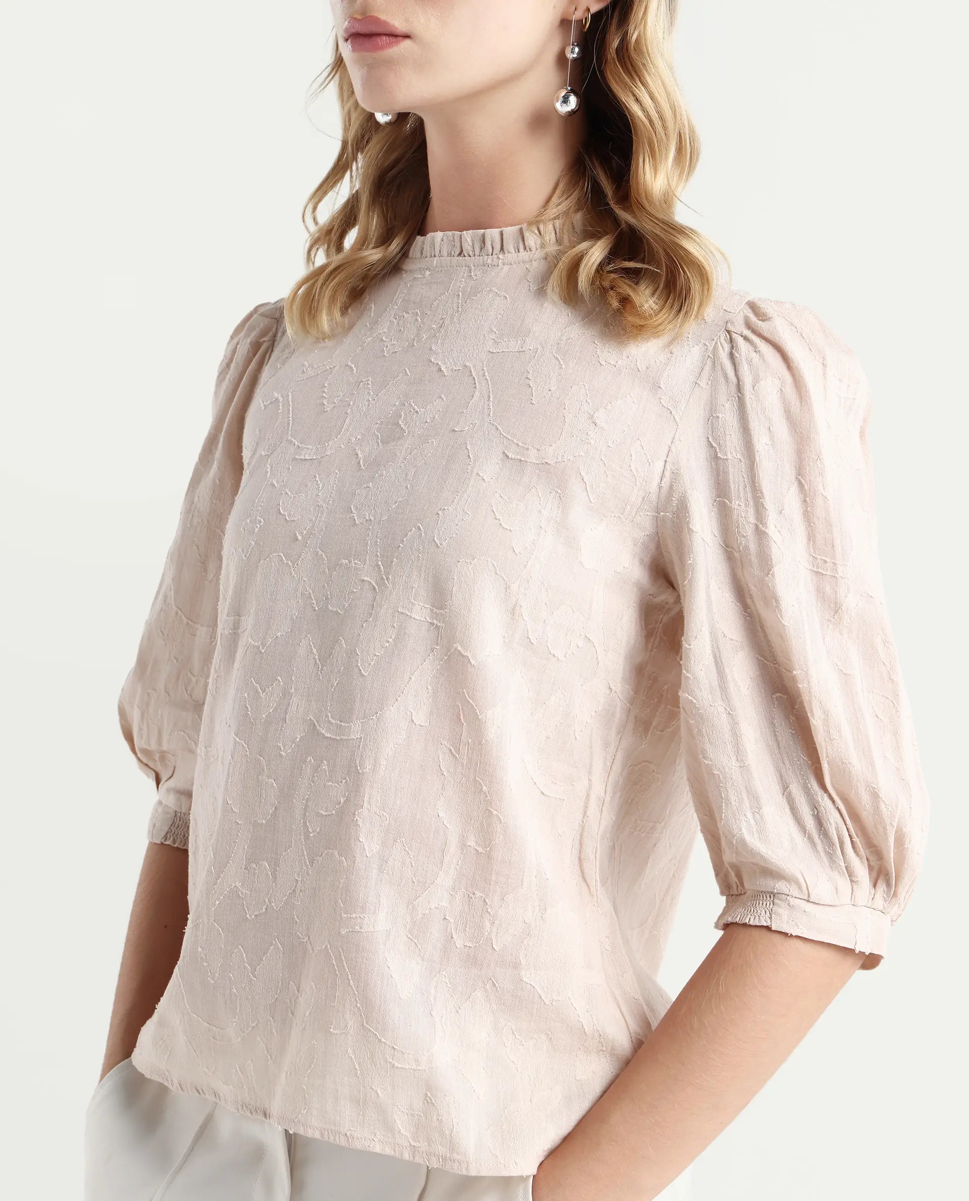Rareism Women's Reis Beige Cotton Blend Crew Neck Plain Puff Sleeves Regular Fit Top