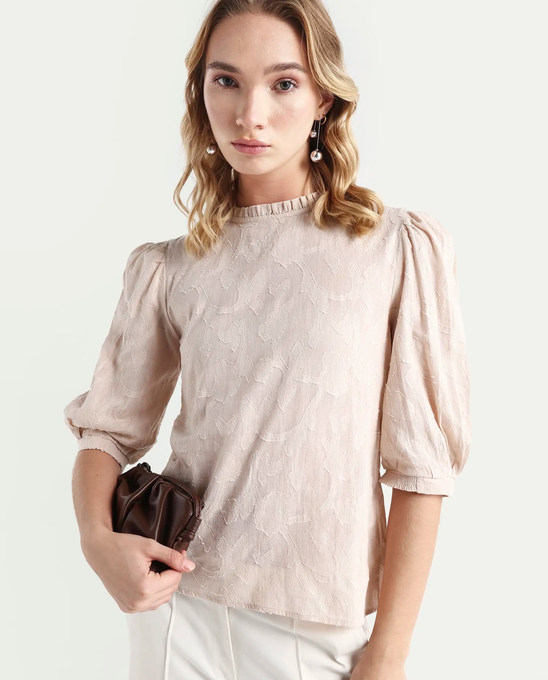 Rareism Women's Reis Beige Cotton Blend Crew Neck Plain Puff Sleeves Regular Fit Top