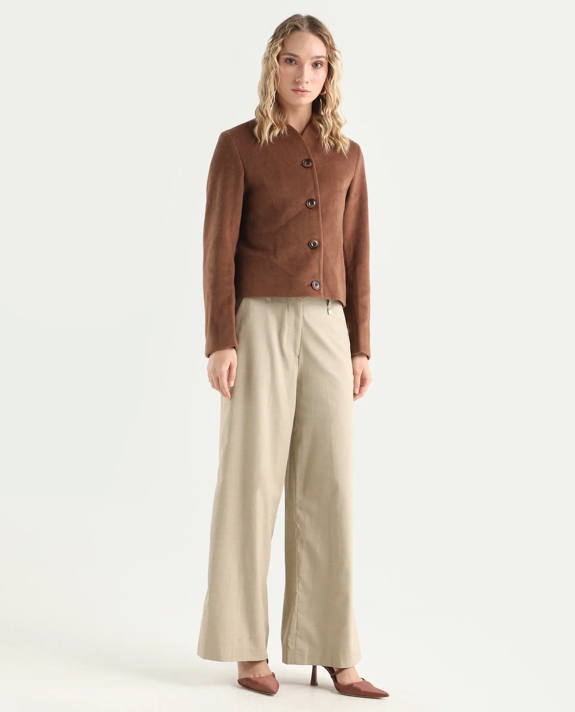 Rareism Women's Katy Beige Polyester Blend Plain Ankle Length Straight Fit Trouser