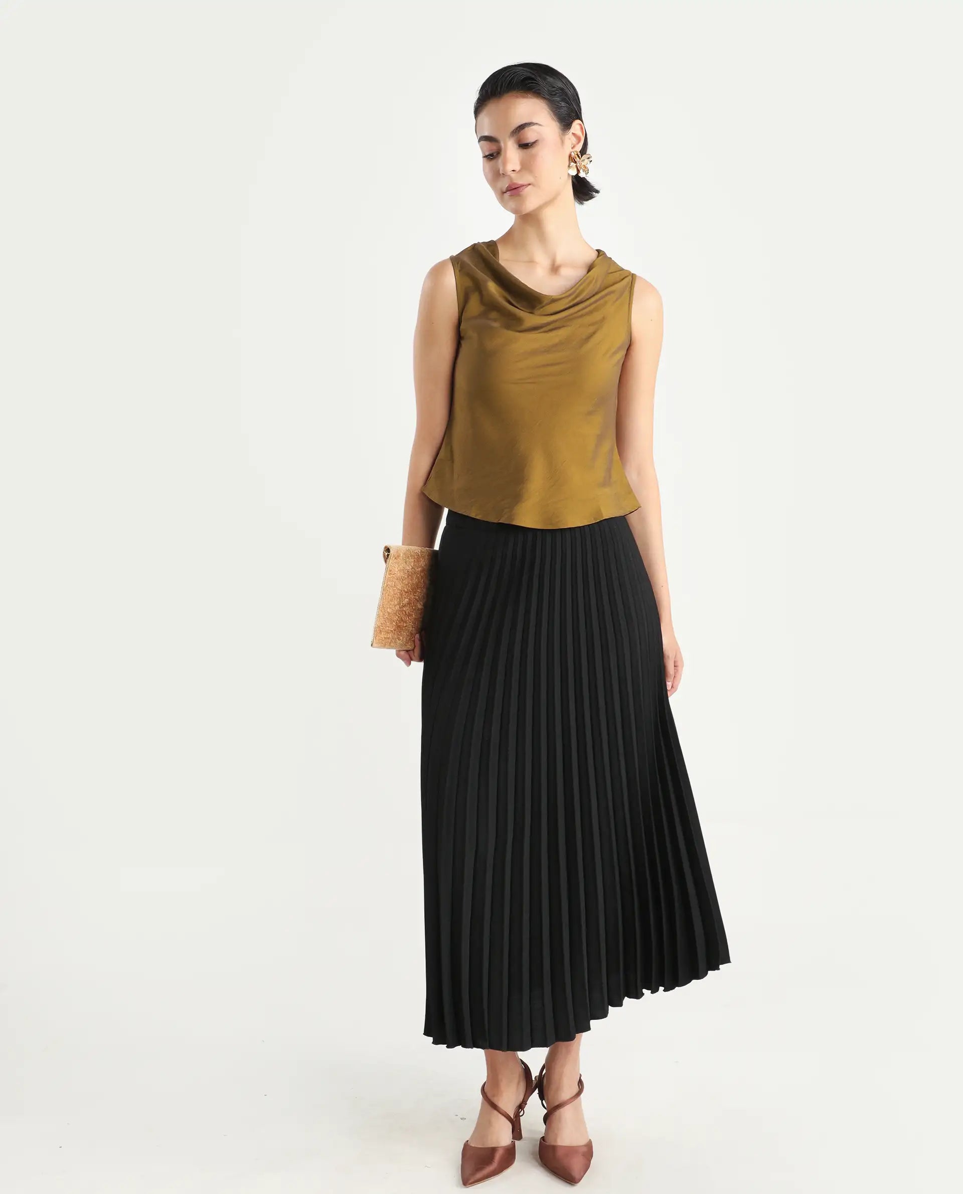 Rareism Women's Foose Metallic Gold Polyester Cowl Neck Plain Sleeveless Regular Fit Top