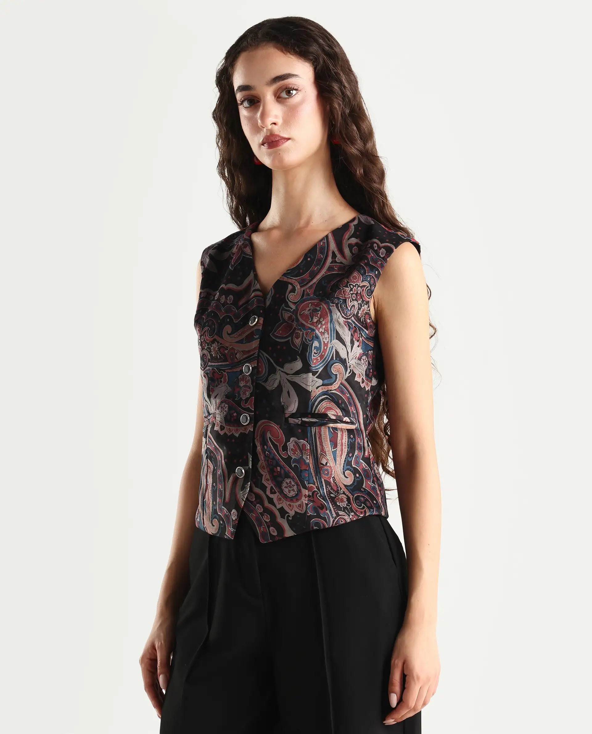 Rareism Women's Remen Multi Velvet V-Neck Paisley Print Sleeveless Regular Fitted Waist Coat