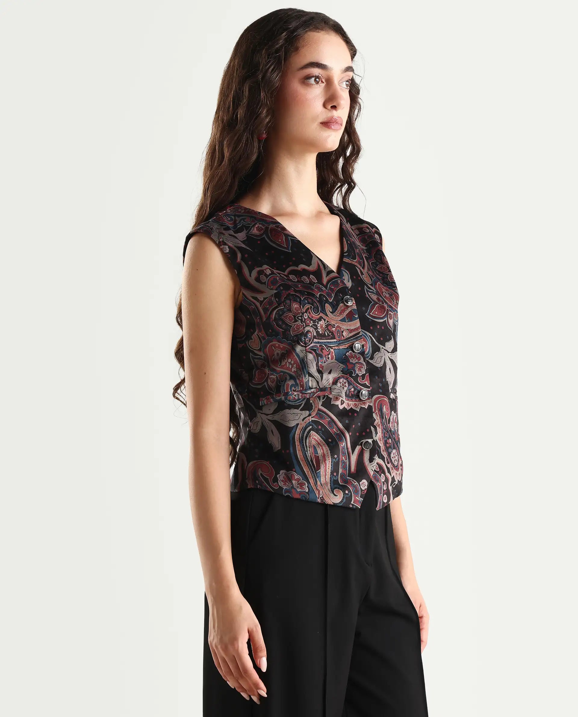 Rareism Women's Remen Multi Velvet V-Neck Paisley Print Sleeveless Regular Fitted Waist Coat