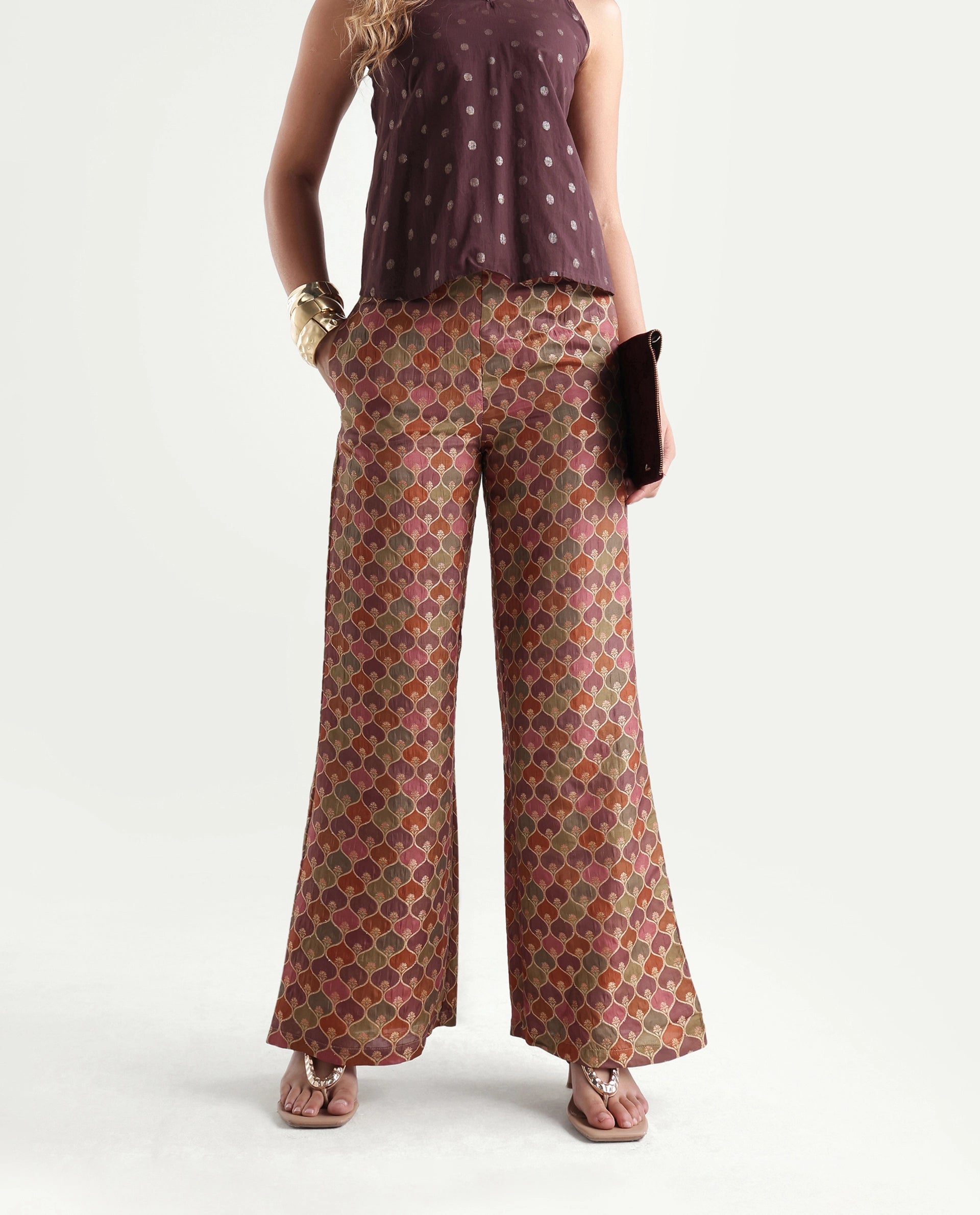 Rareism Women's Varfa B Multi Polyester Jacquard Ankle Length Flared Trouser