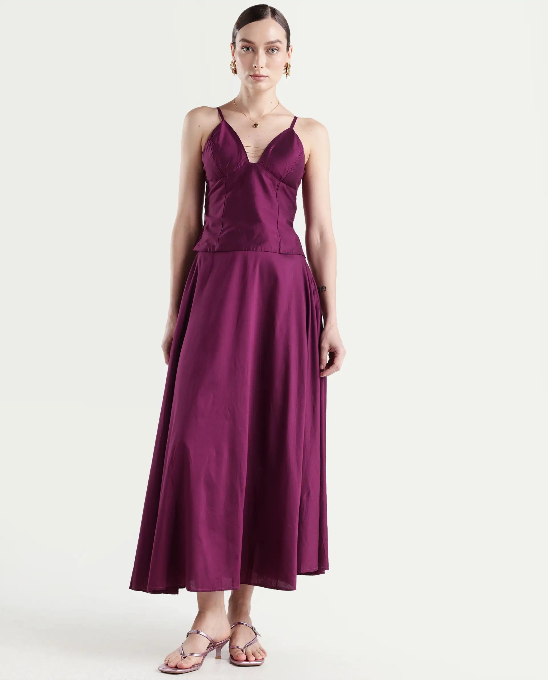 Rareism Women's Carfa B Purple Silk Plain Maxi Flared Skirt