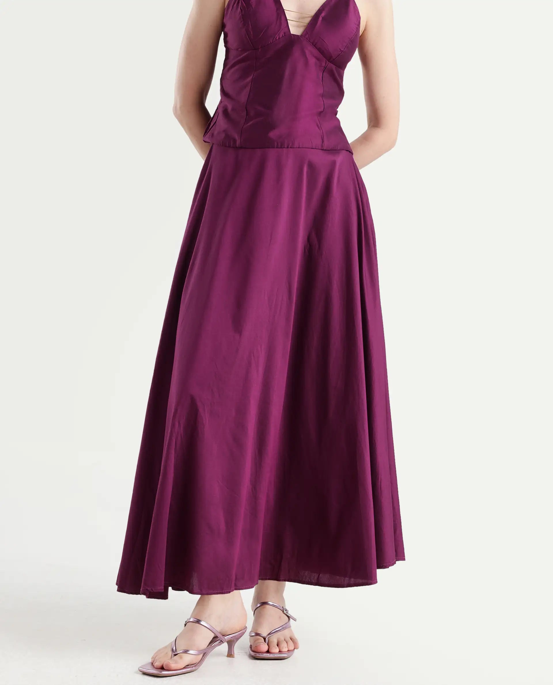 Rareism Women's Carfa B Purple Silk Plain Maxi Flared Skirt