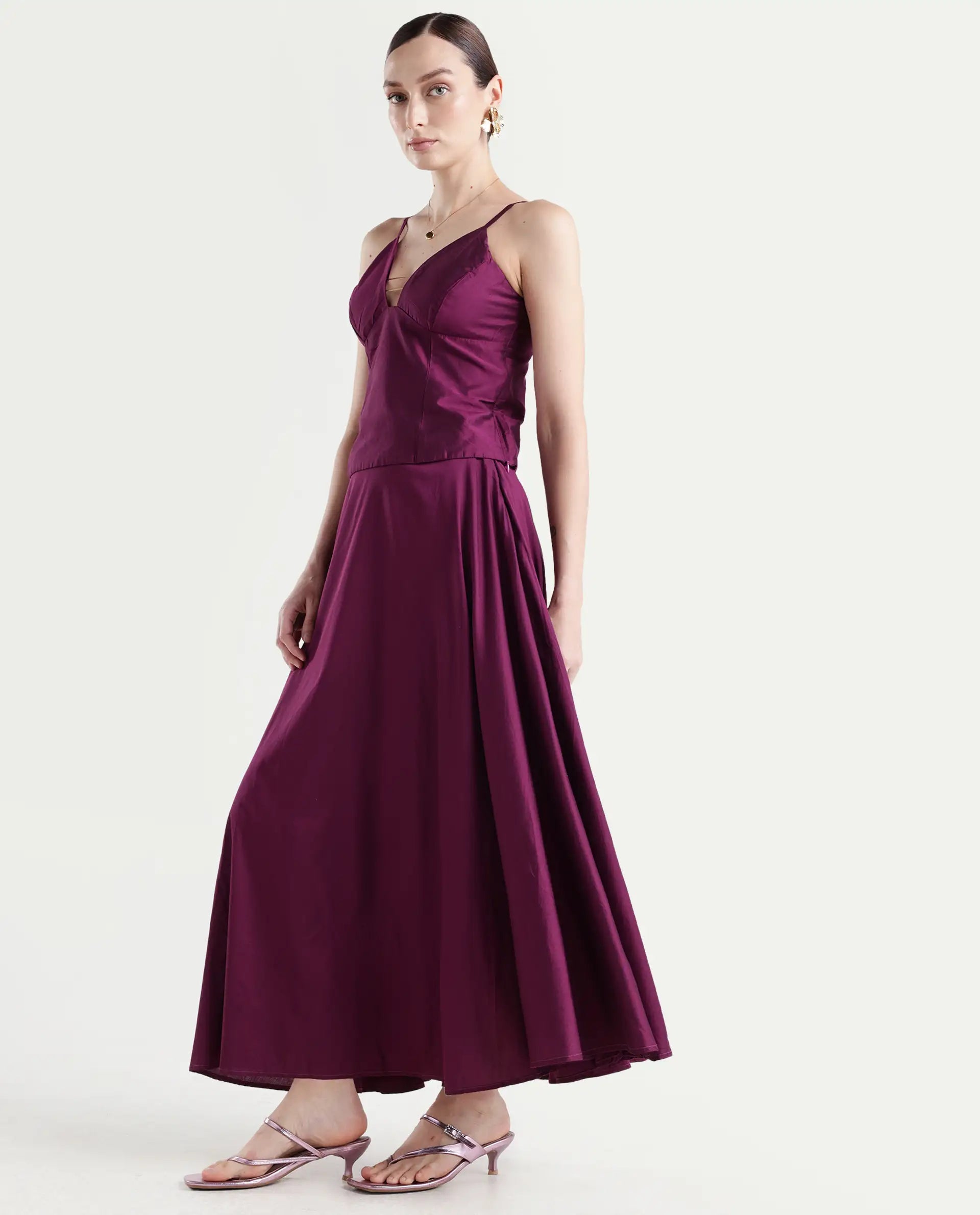 Rareism Women's Carfa B Purple Silk Plain Maxi Flared Skirt