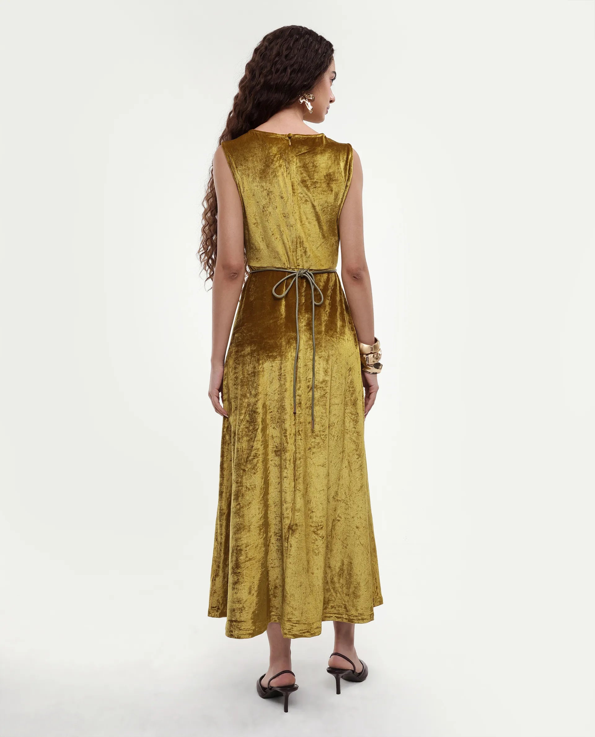 Rareism Women's Clementi Olive Velvet V-Neck Plain Sleeveless Maxi Fit And Flare Dress