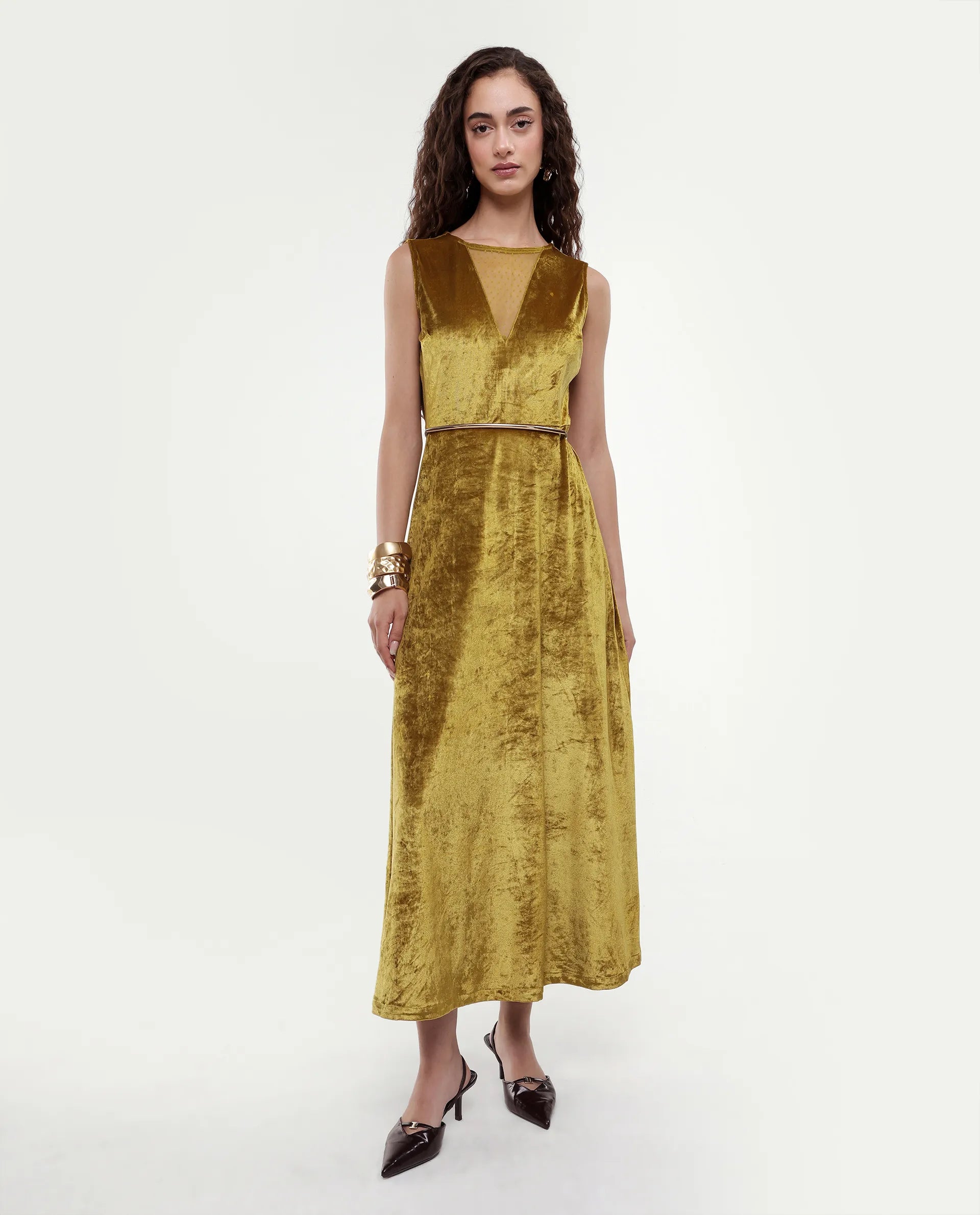 Rareism Women's Clementi Olive Velvet V-Neck Plain Sleeveless Maxi Fit And Flare Dress
