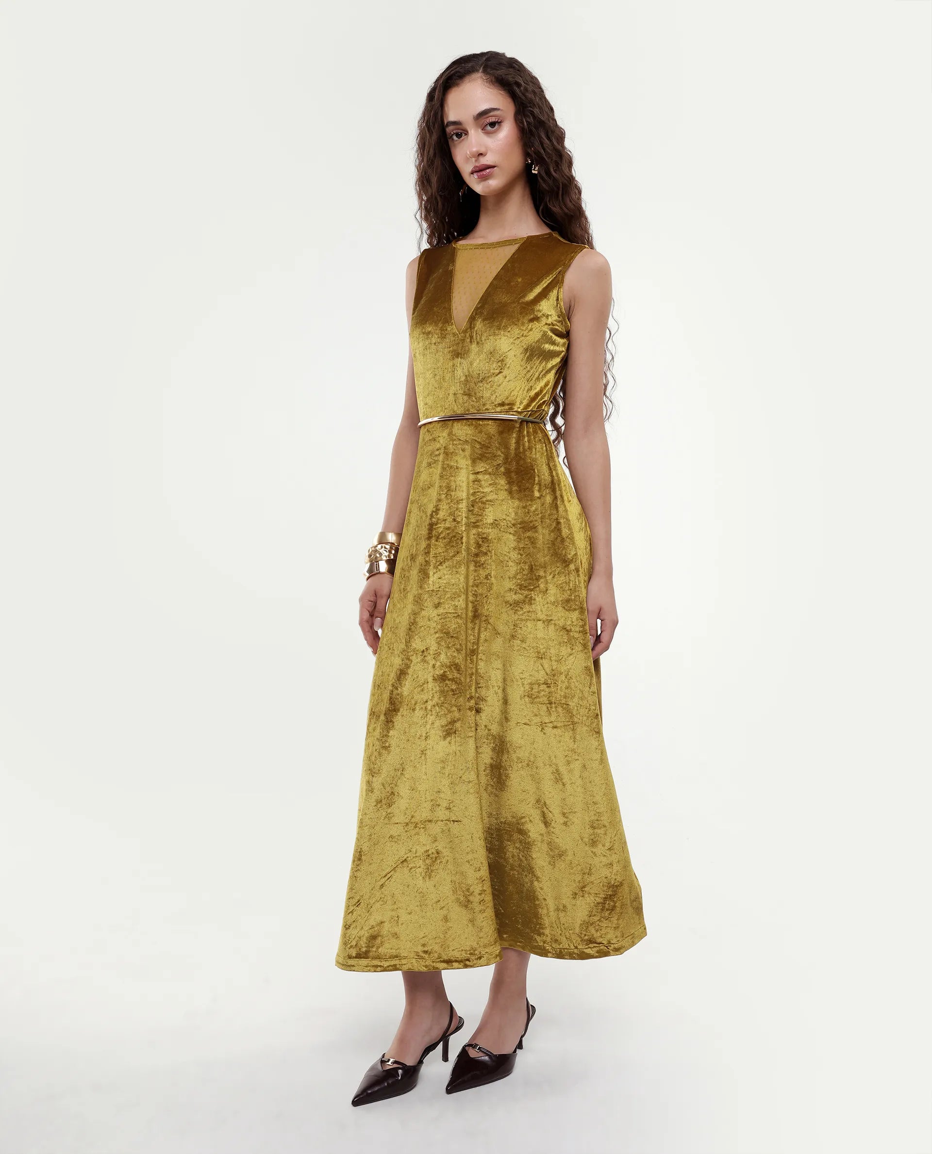 Rareism Women's Clementi Olive Velvet V-Neck Plain Sleeveless Maxi Fit And Flare Dress