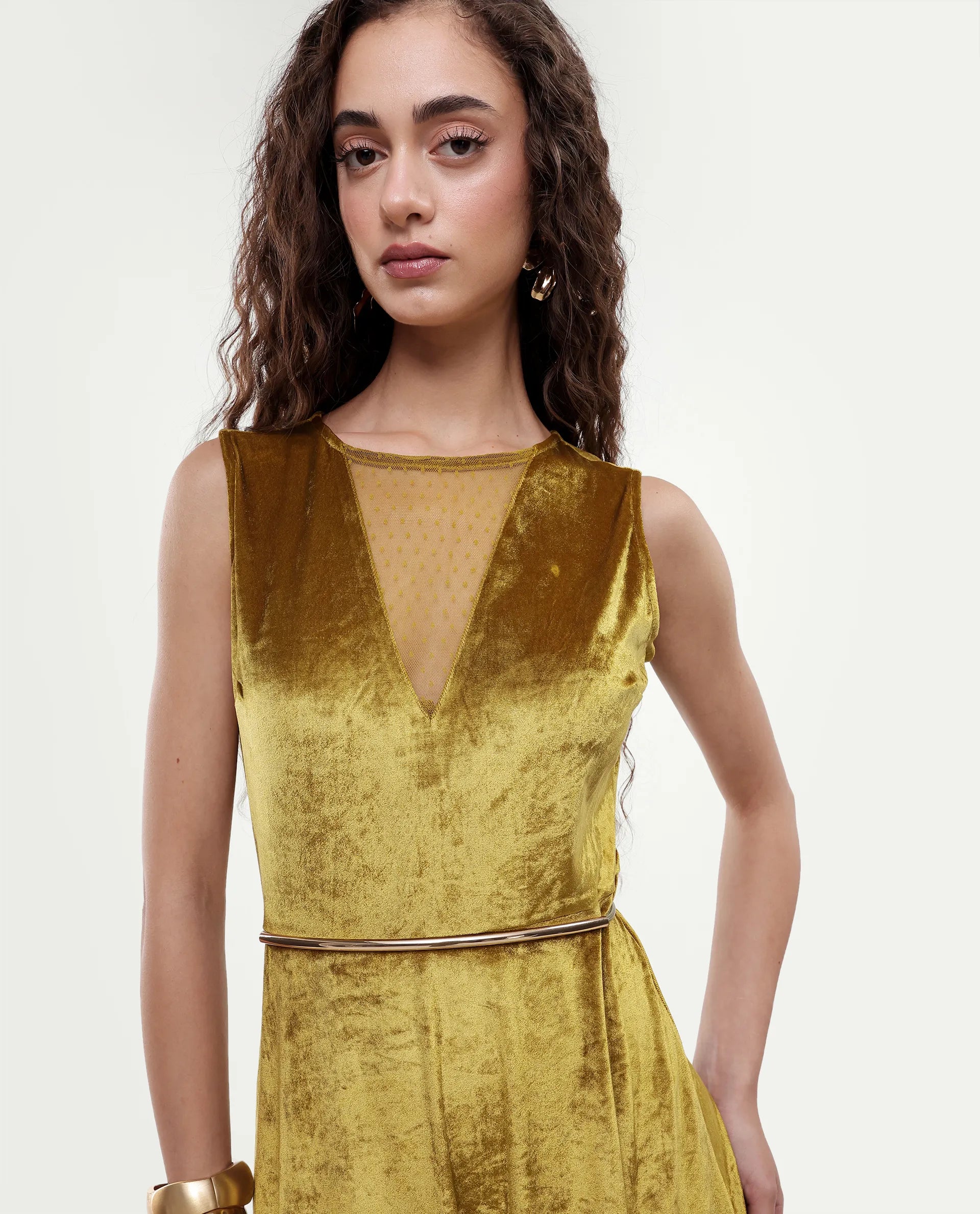 Rareism Women's Clementi Olive Velvet V-Neck Plain Sleeveless Maxi Fit And Flare Dress