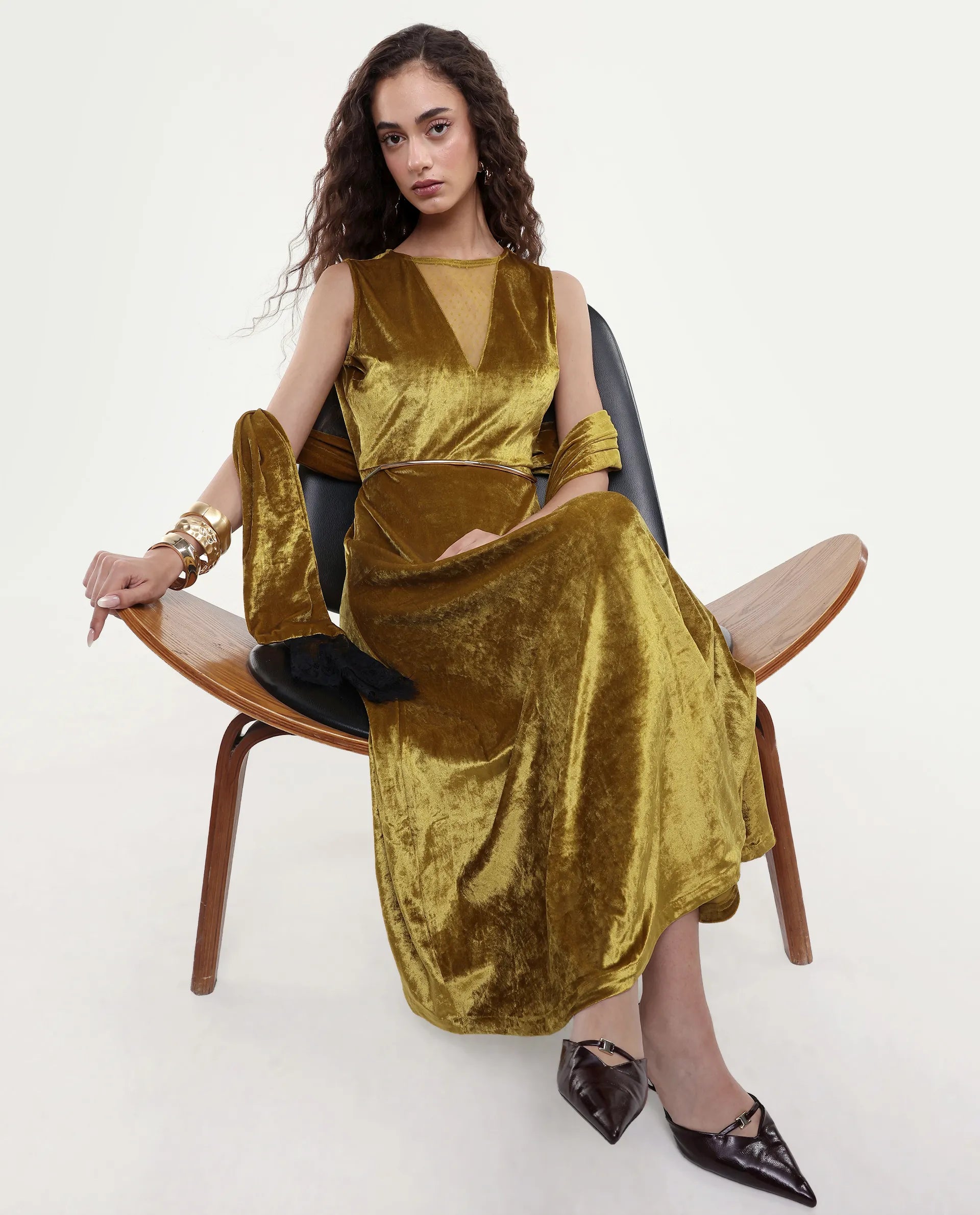 Rareism Women's Clementi Olive Velvet V-Neck Plain Sleeveless Maxi Fit And Flare Dress