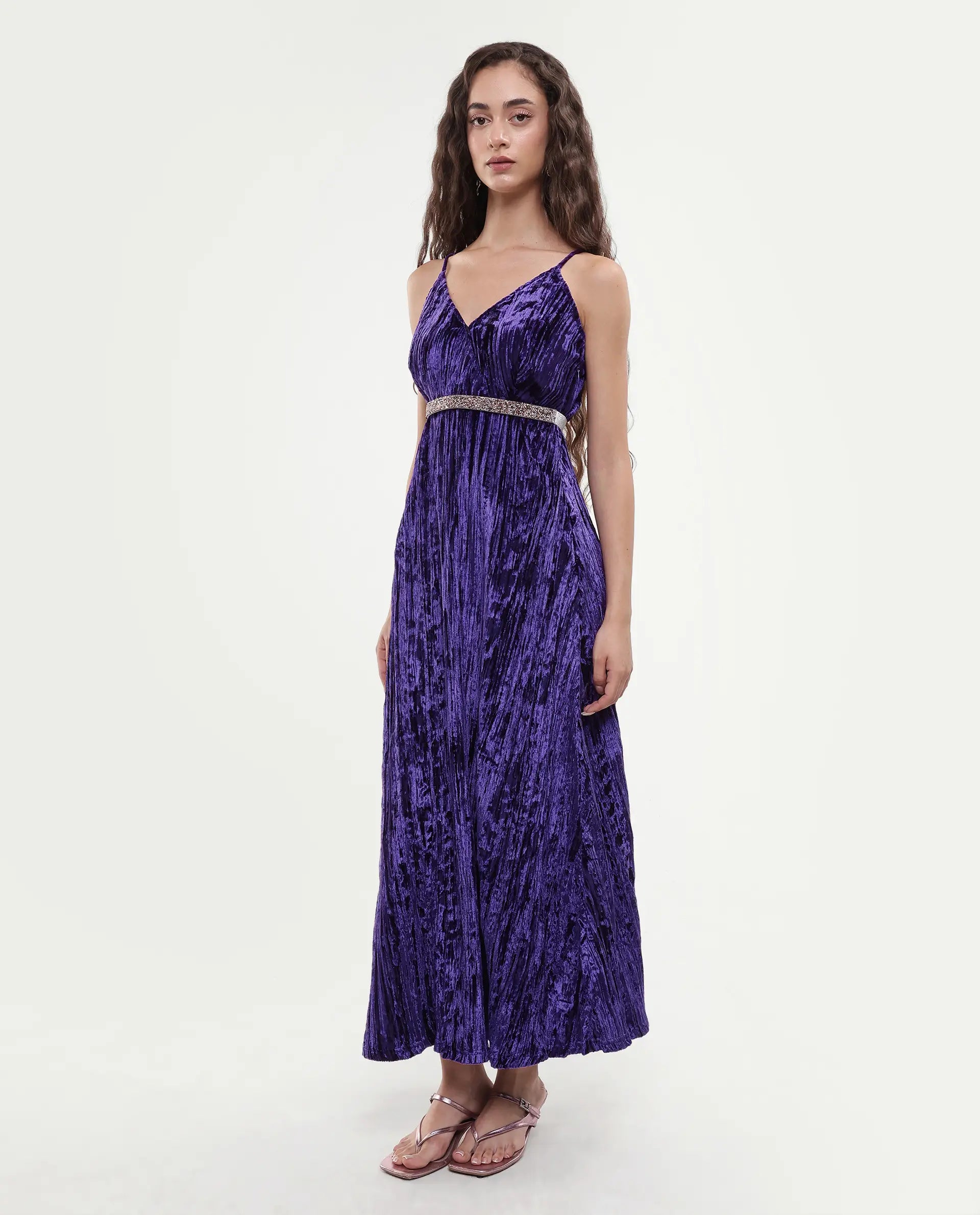 Rareism Women's Harbo Purple Velvet Shoulder Strap Plain Sleeveless Maxi Fit And Flare Dress