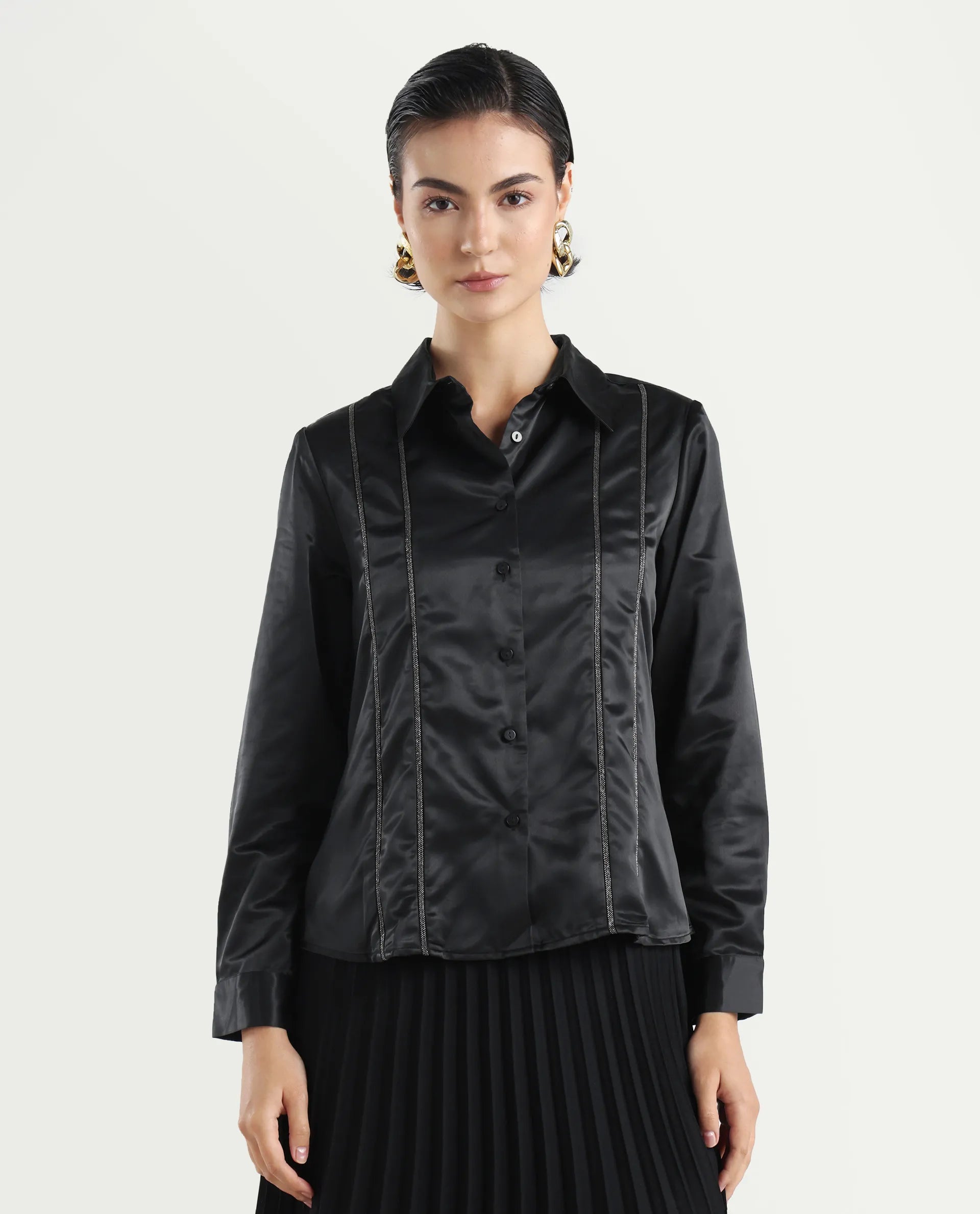 Rareism Women's Derep Black Satin Drop Collar Dyed Cuffed Sleeve Regular Fit Shirt