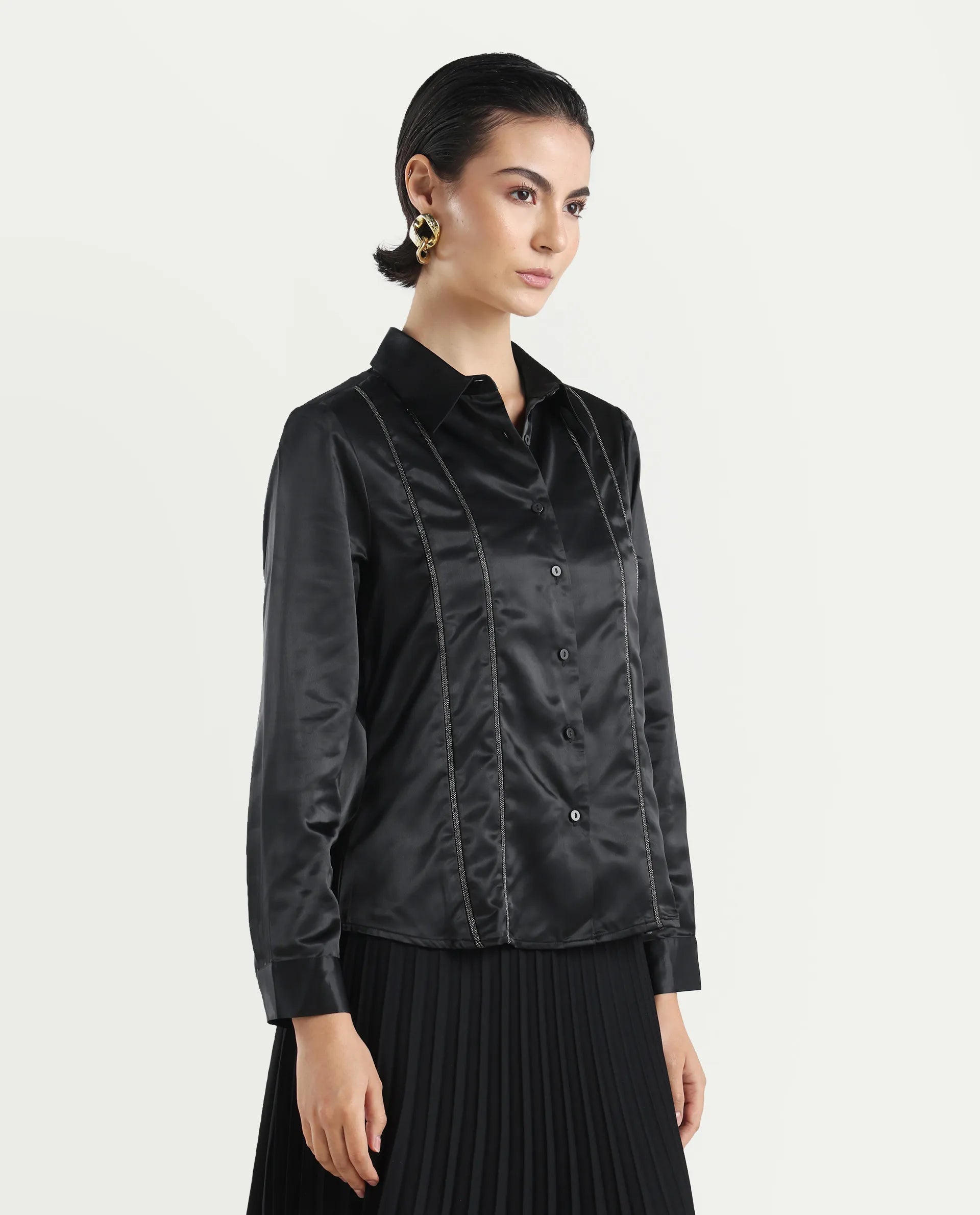 Rareism Women's Derep Black Satin Drop Collar Dyed Cuffed Sleeve Regular Fit Shirt