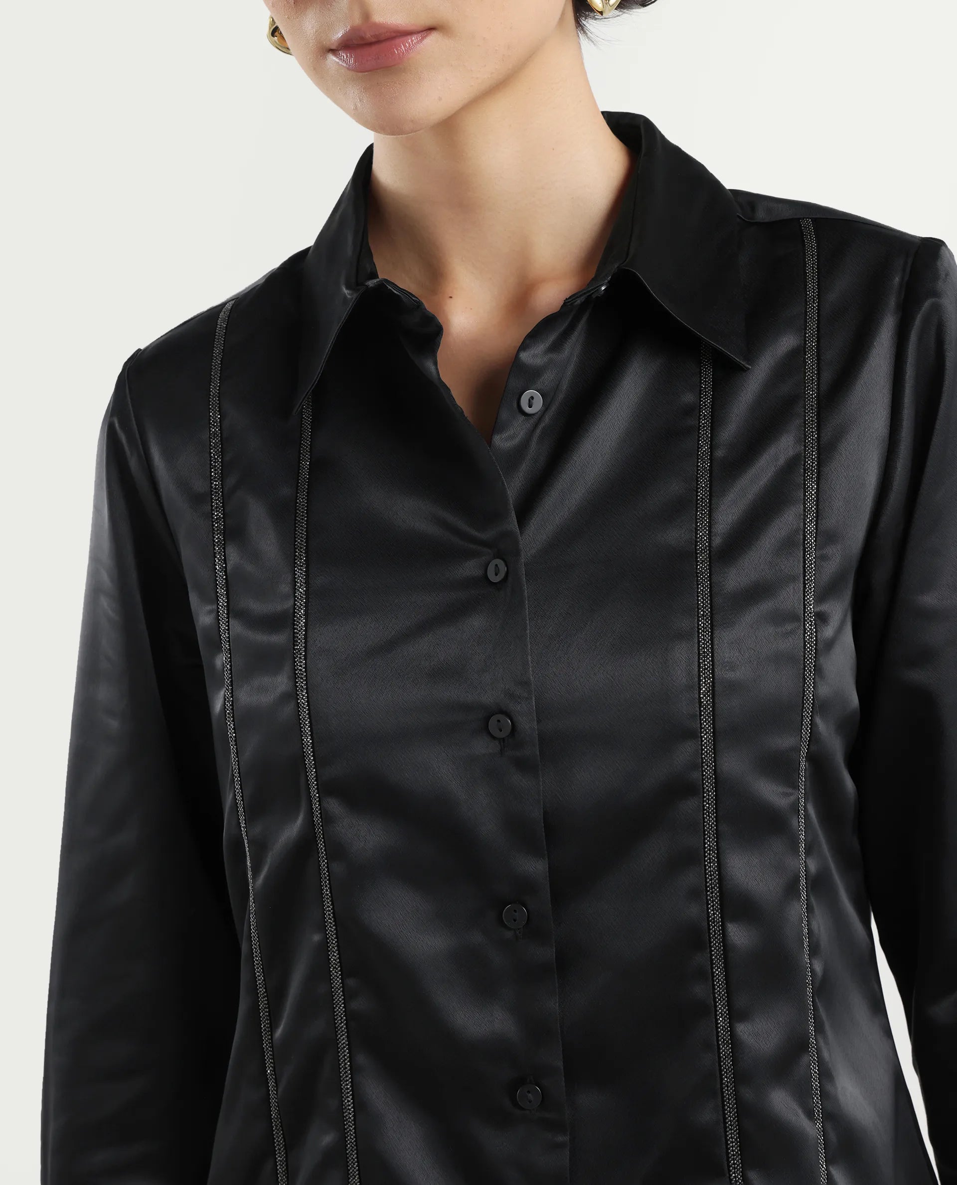 Rareism Women's Derep Black Satin Drop Collar Dyed Cuffed Sleeve Regular Fit Shirt