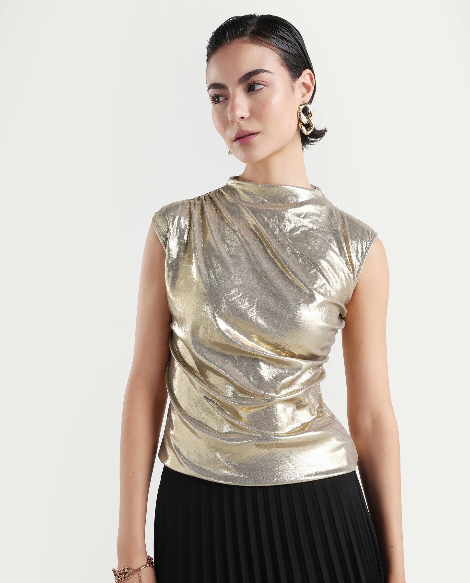 Rareism Women's Tangui Metallic Gold Polyester High Neck Plain Sleeveless Regular Fitted Top