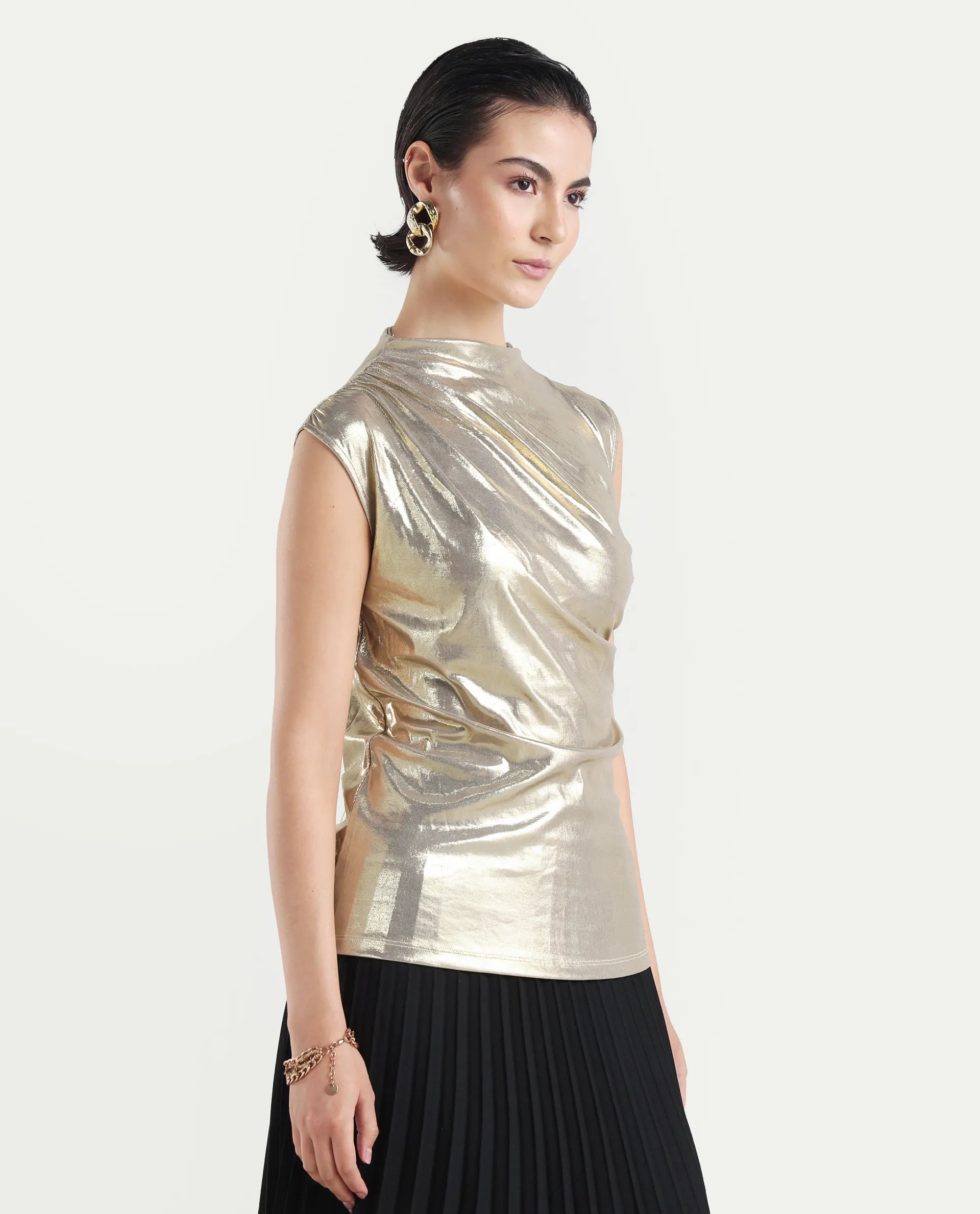 Rareism Women's Tangui Metallic Gold Polyester High Neck Plain Sleeveless Regular Fitted Top