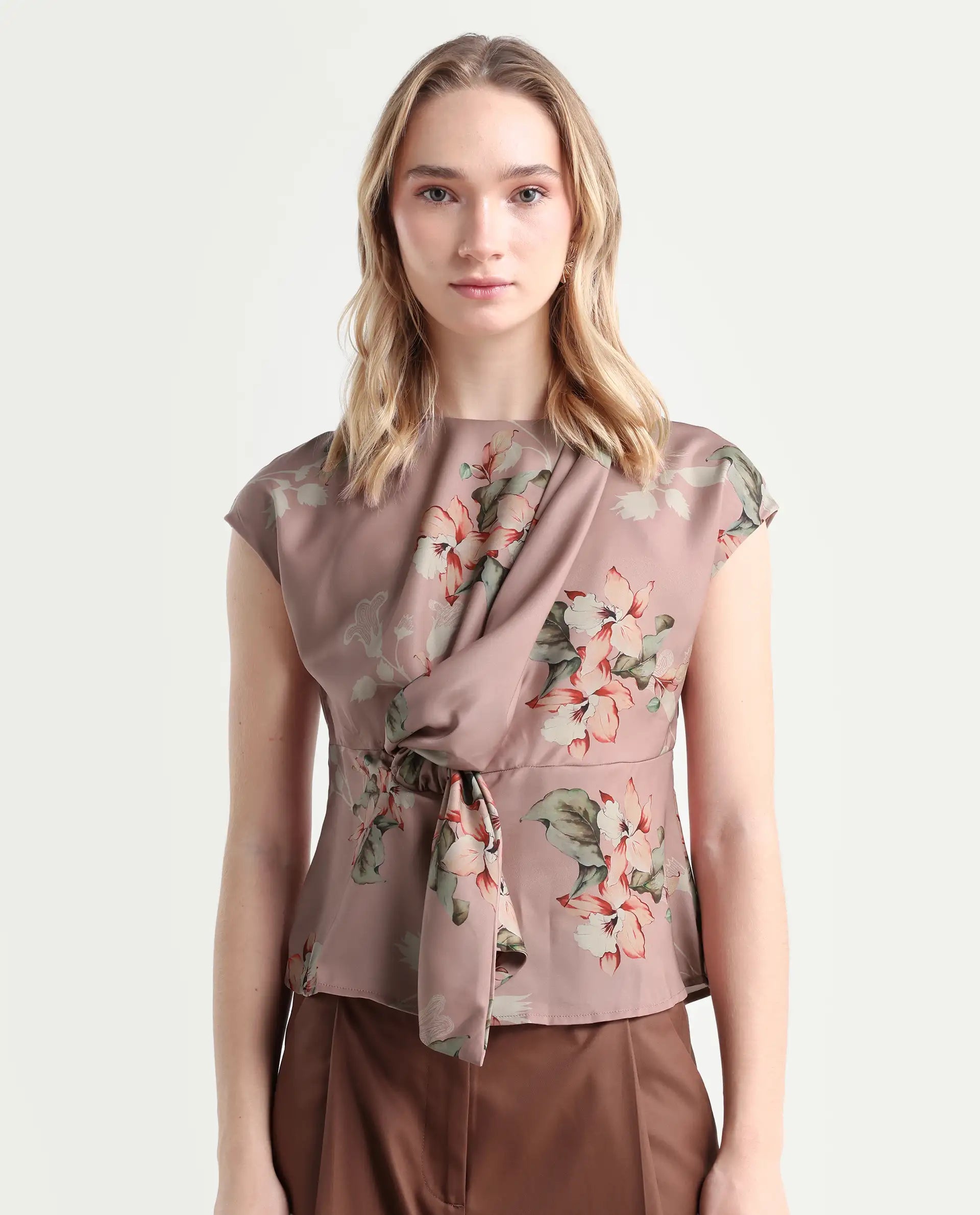 Rareism Women's Geddly Multi Satin Cowl Neck Floral Print Extended Sleeves Regular Fit Top