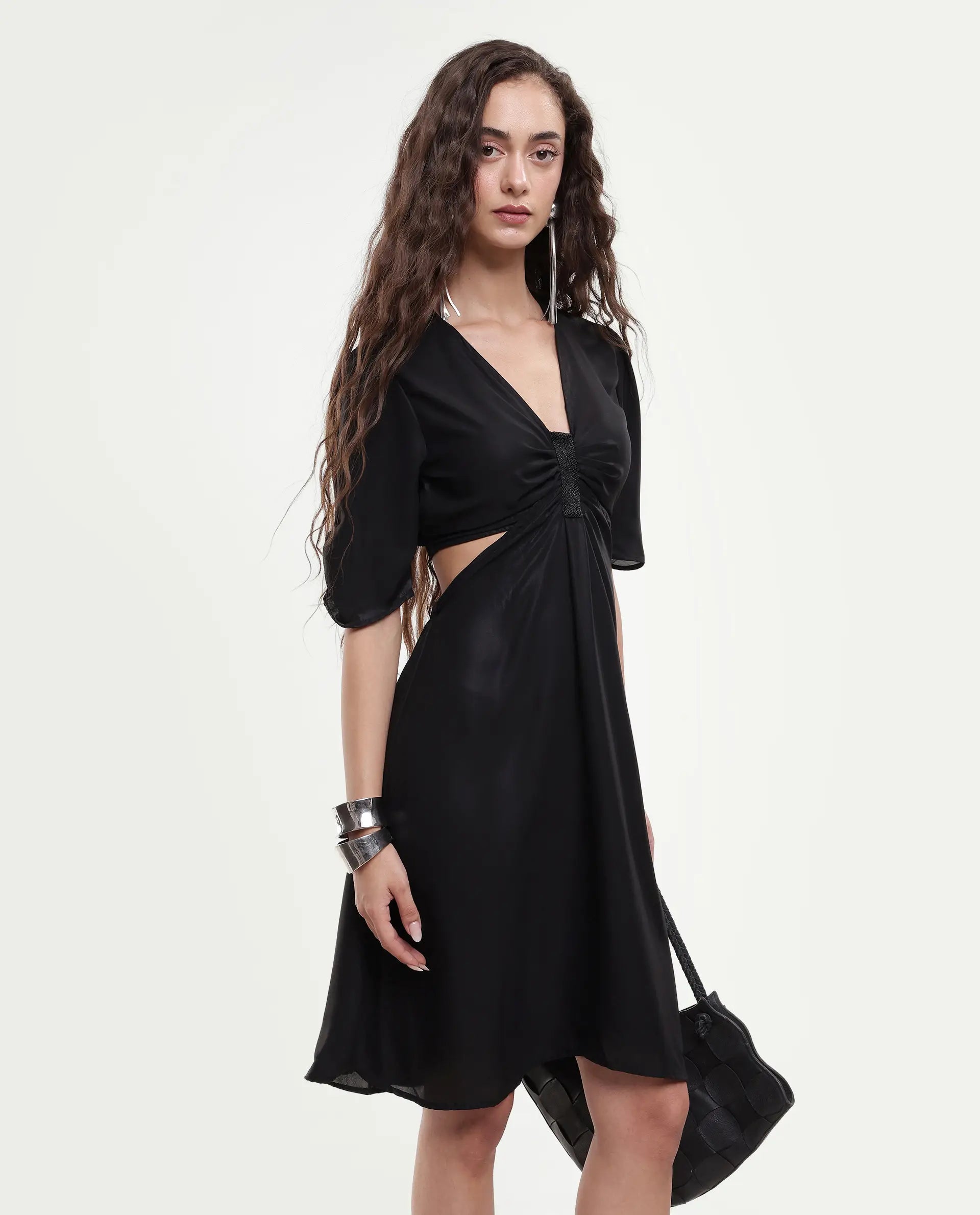 Rareism Women's Besman Black Polyester V-Neck Plain Balloon Sleeve Knee Length Fit And Flare Dress