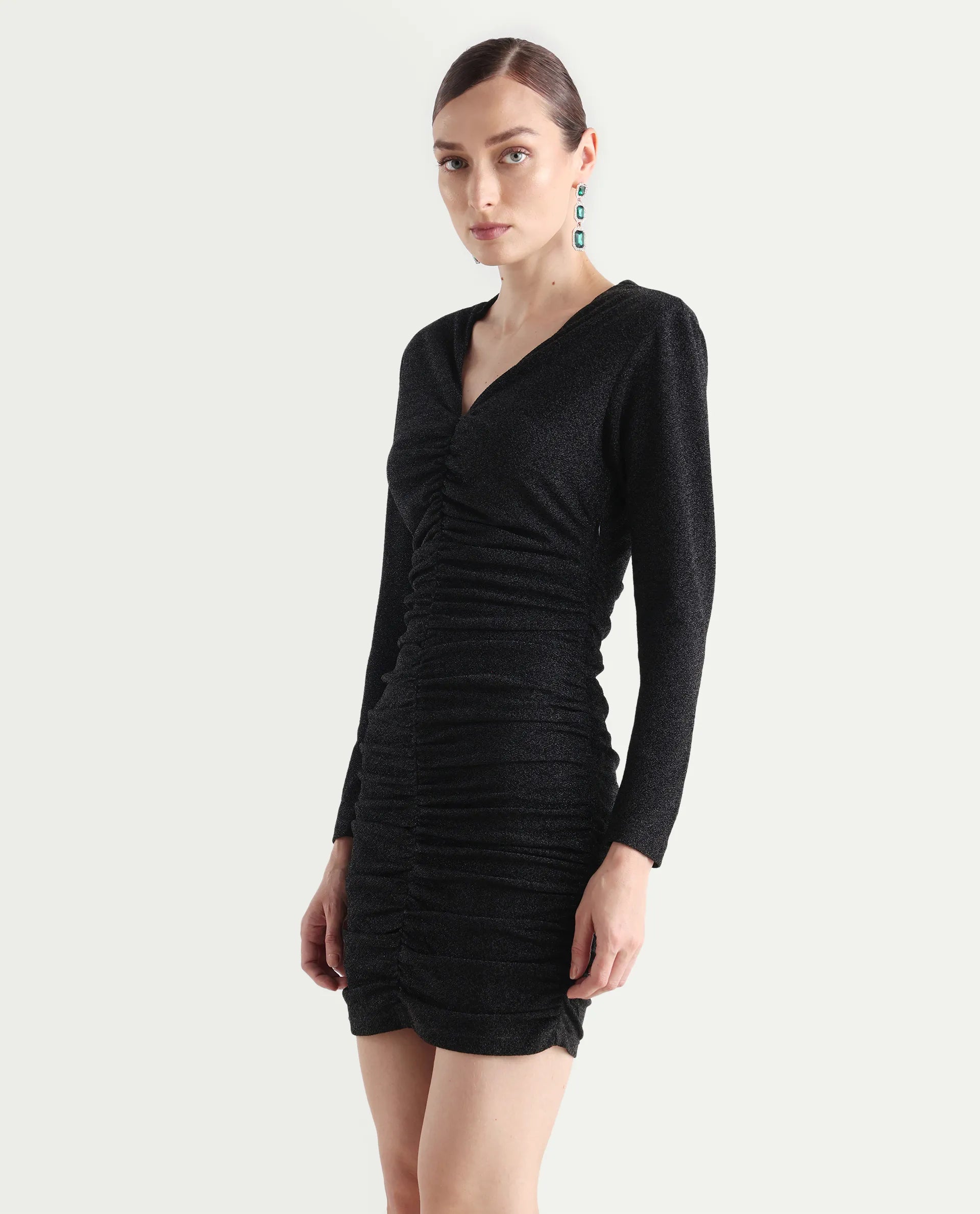 Rareism Women's Amasya Black Polyester V-Neck Plain Knee Length Fitted Dress