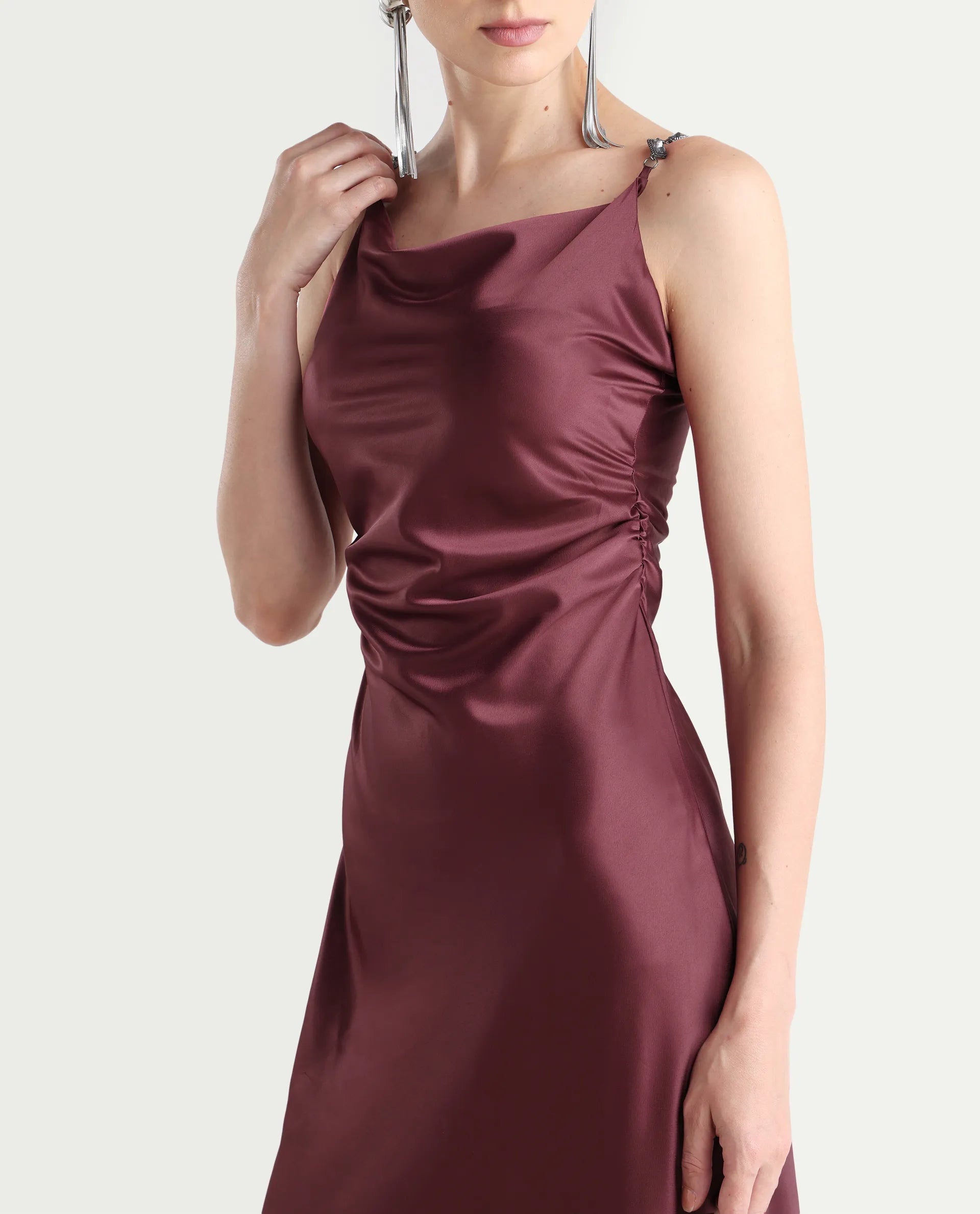 Rareism Women's Roala Maroon Satin Shoulder Strap Plain Sleeveless Maxi Fitted Dress